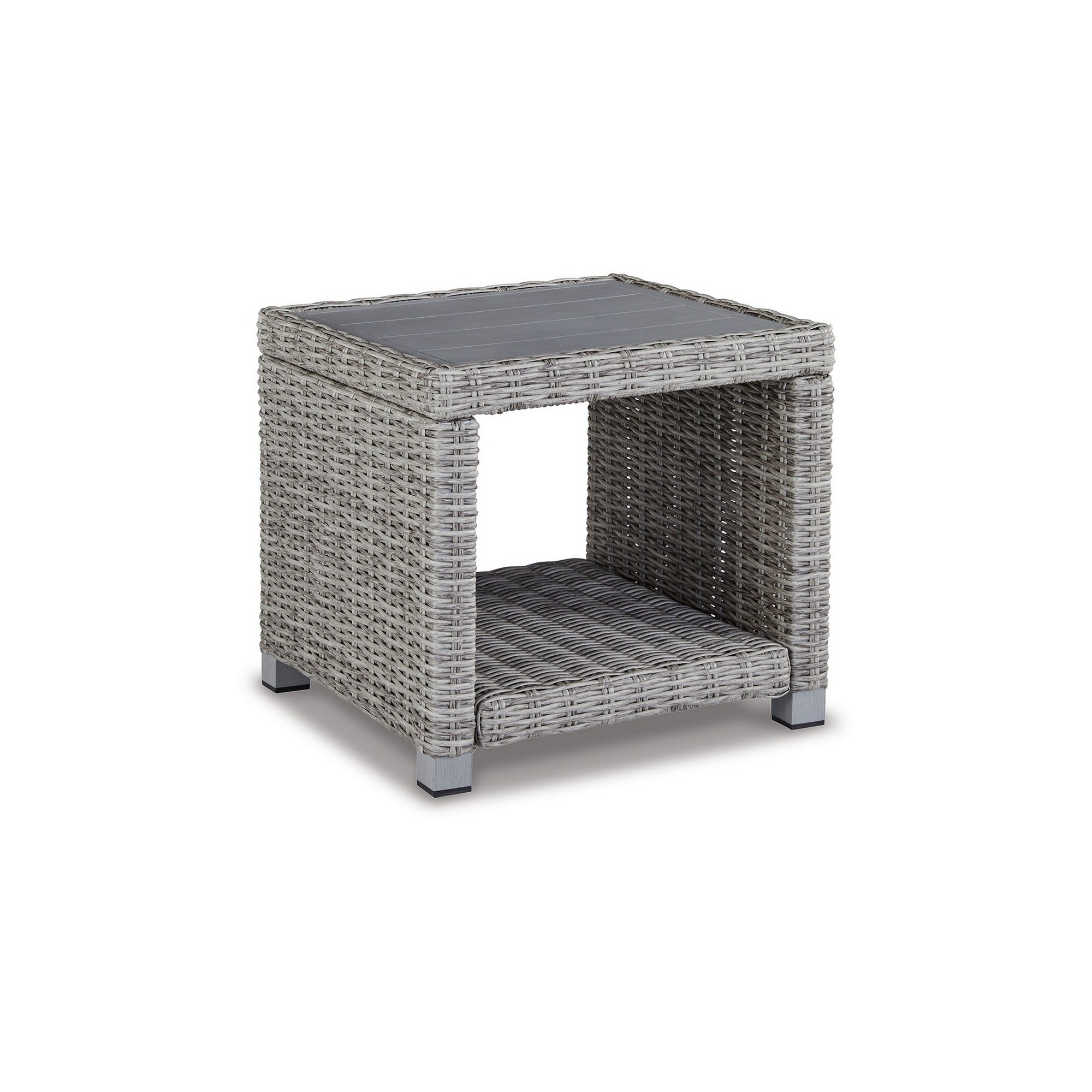 22 Inch Square Side End Table， Gray Resin Wicker Woven， Aluminum Frame - Mycitystee