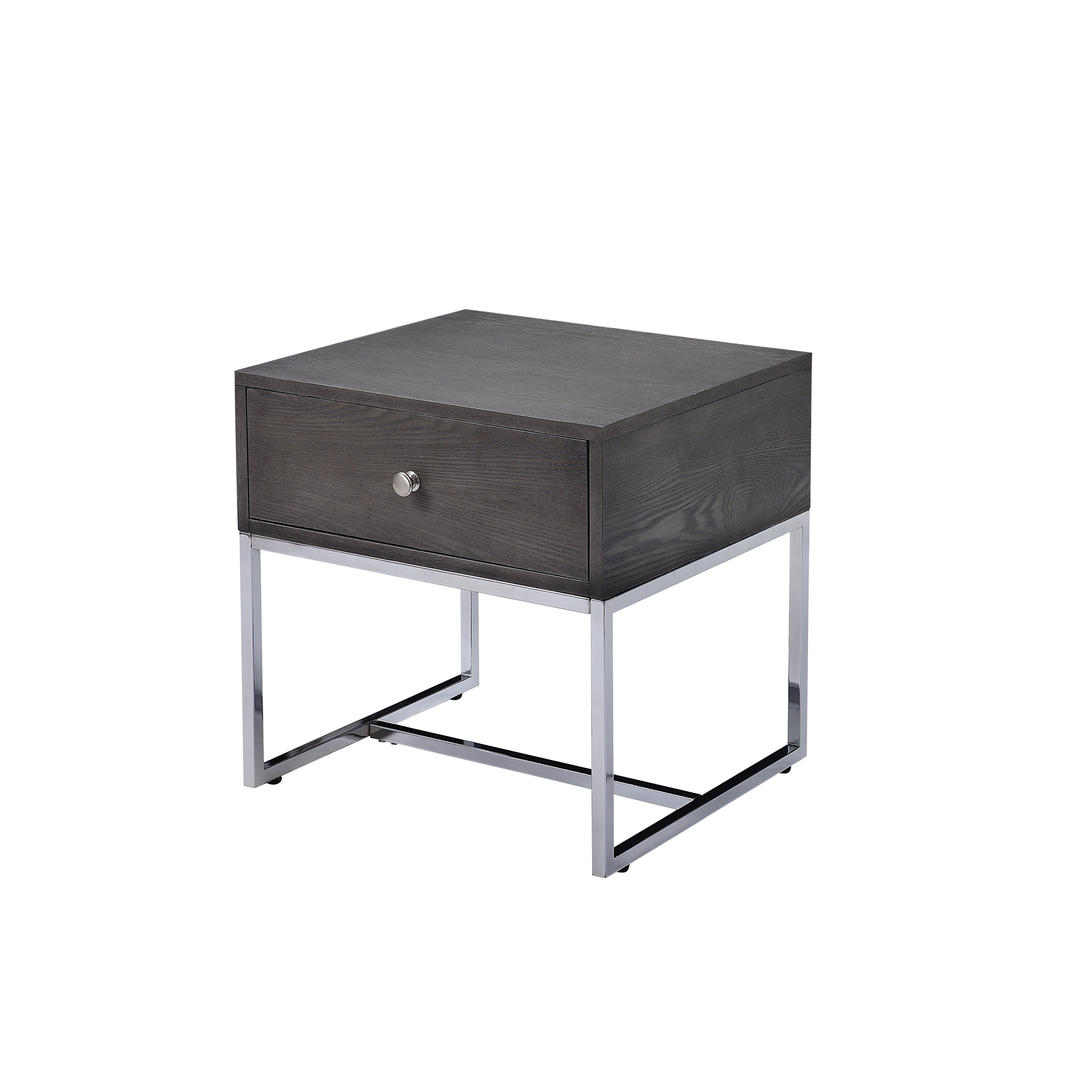 Wooden End Table with Tubular Metal Base and Spacious Drawer， Gray and Silver - 22 H x 20 W x 22 L Inches - Mycitystee