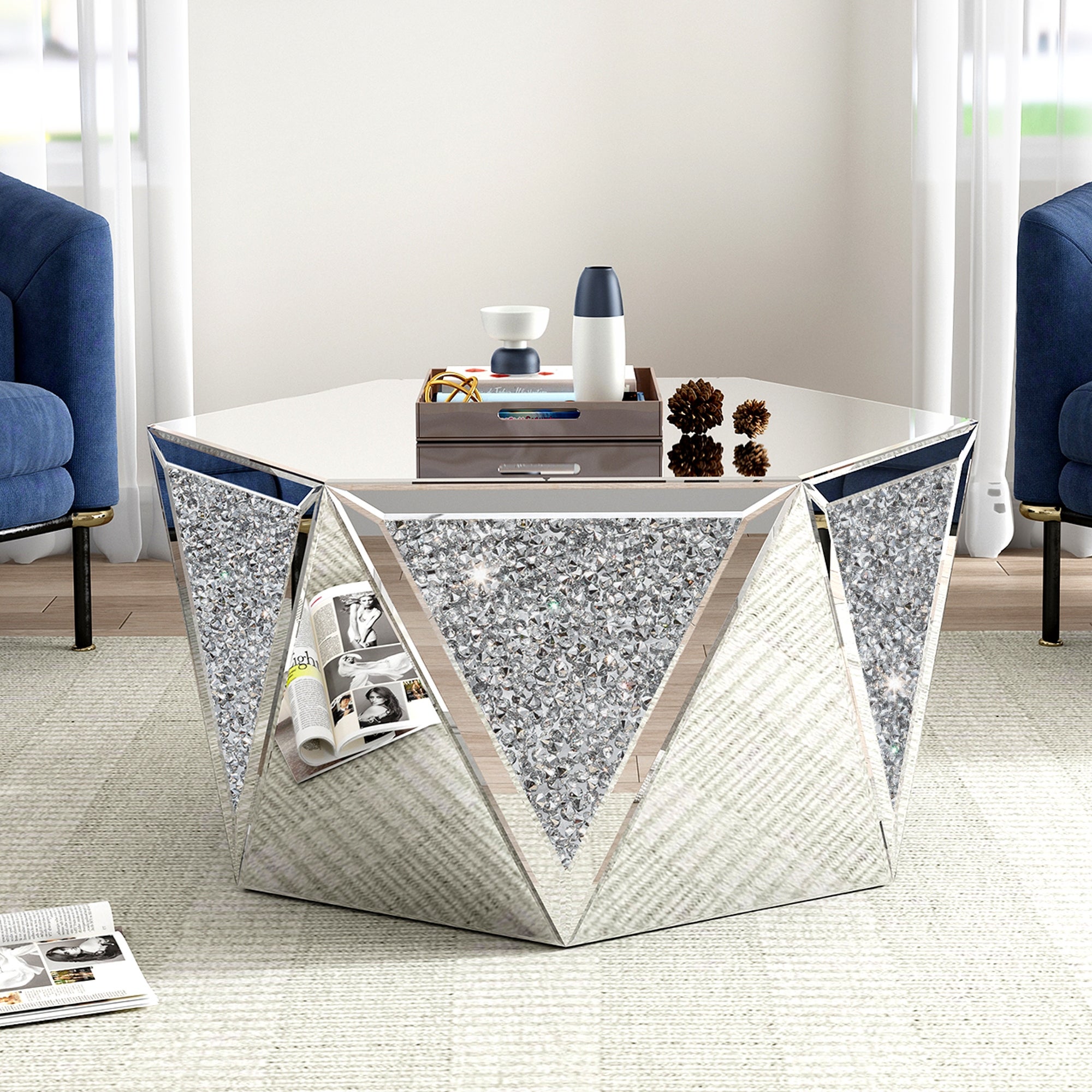 Mirrored Coffee Table Crystal Diamond Accent Table 31.5'' - Mycitystee