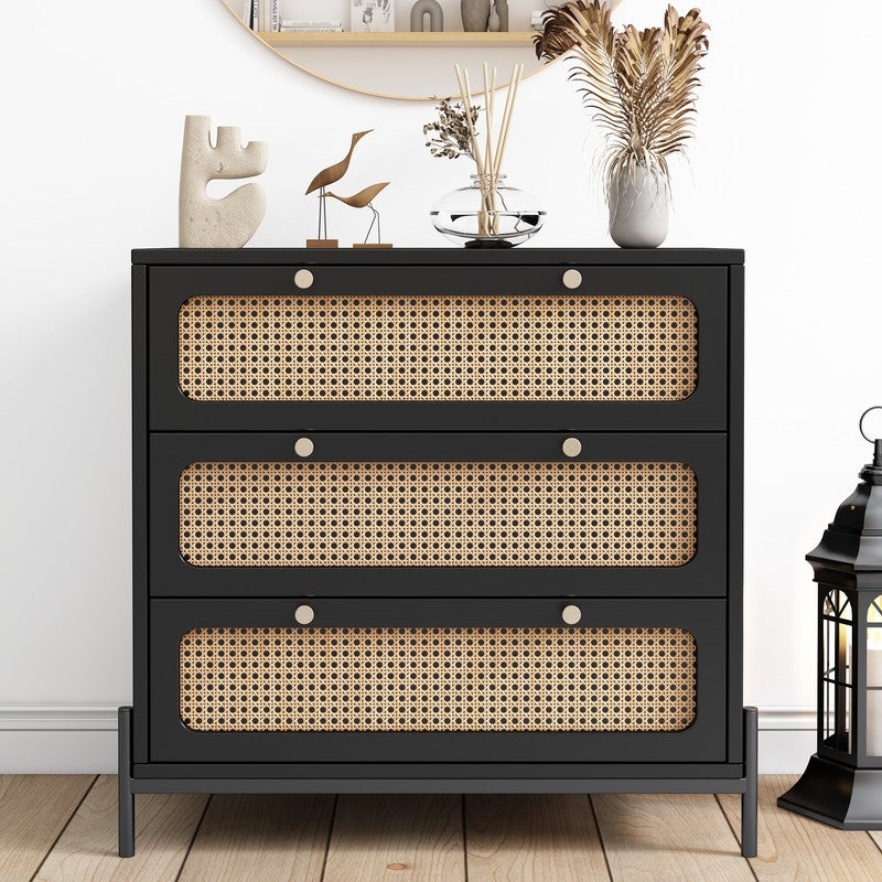 3 Drawer Dresser， Rattan Cabinet Accent Storage Cabinet Modern Nightstand End Table Bedside Table for Living Room， Bedroom - - 37980556 - Mycitystee