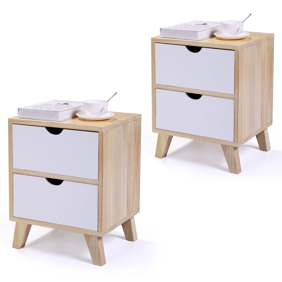 Set of 2 Wooden Nightstand with Two Drawers， End Table with Tall Legs， Multiple Usages Bedside Table， Indoors， Burlywood and White - Mycitystee