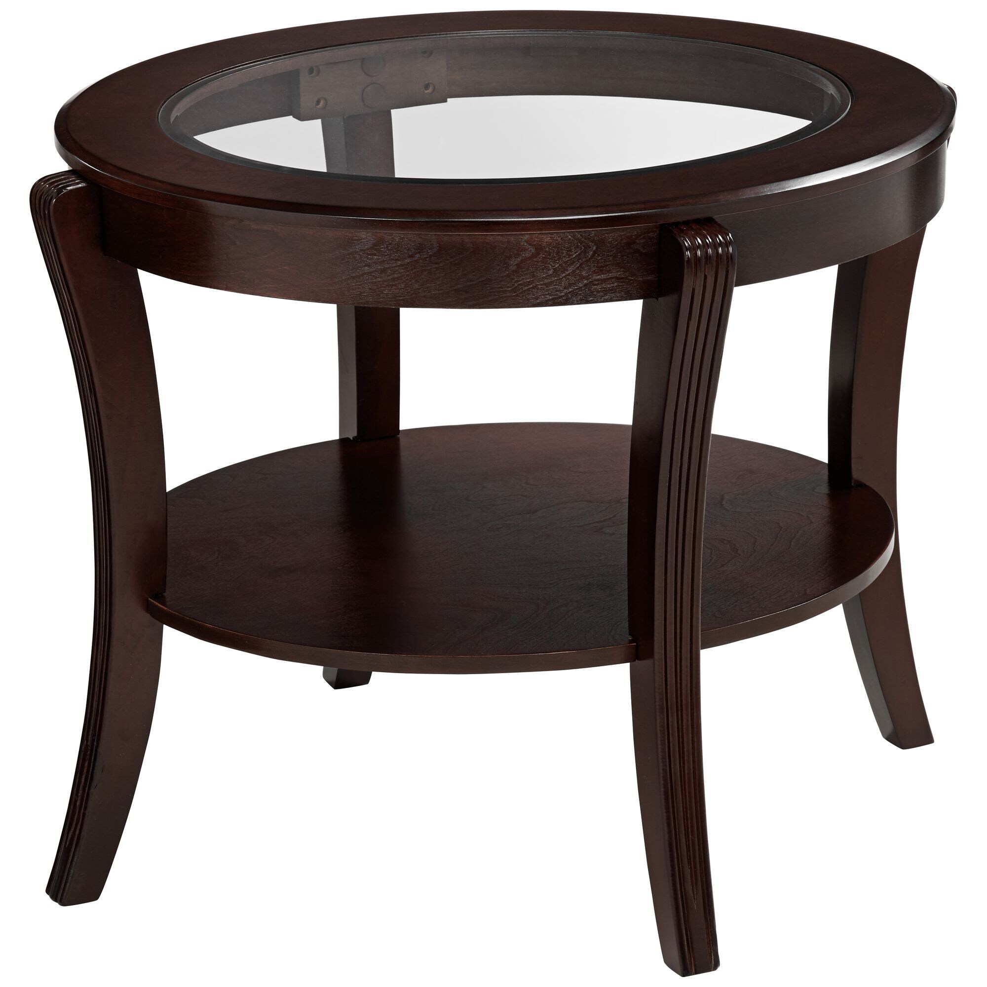 Oval Top Wooden End Table with Glass Insert and Open Shelf， Espresso Brown - 24 H x 27 W x 31 L Inches - Mycitystee
