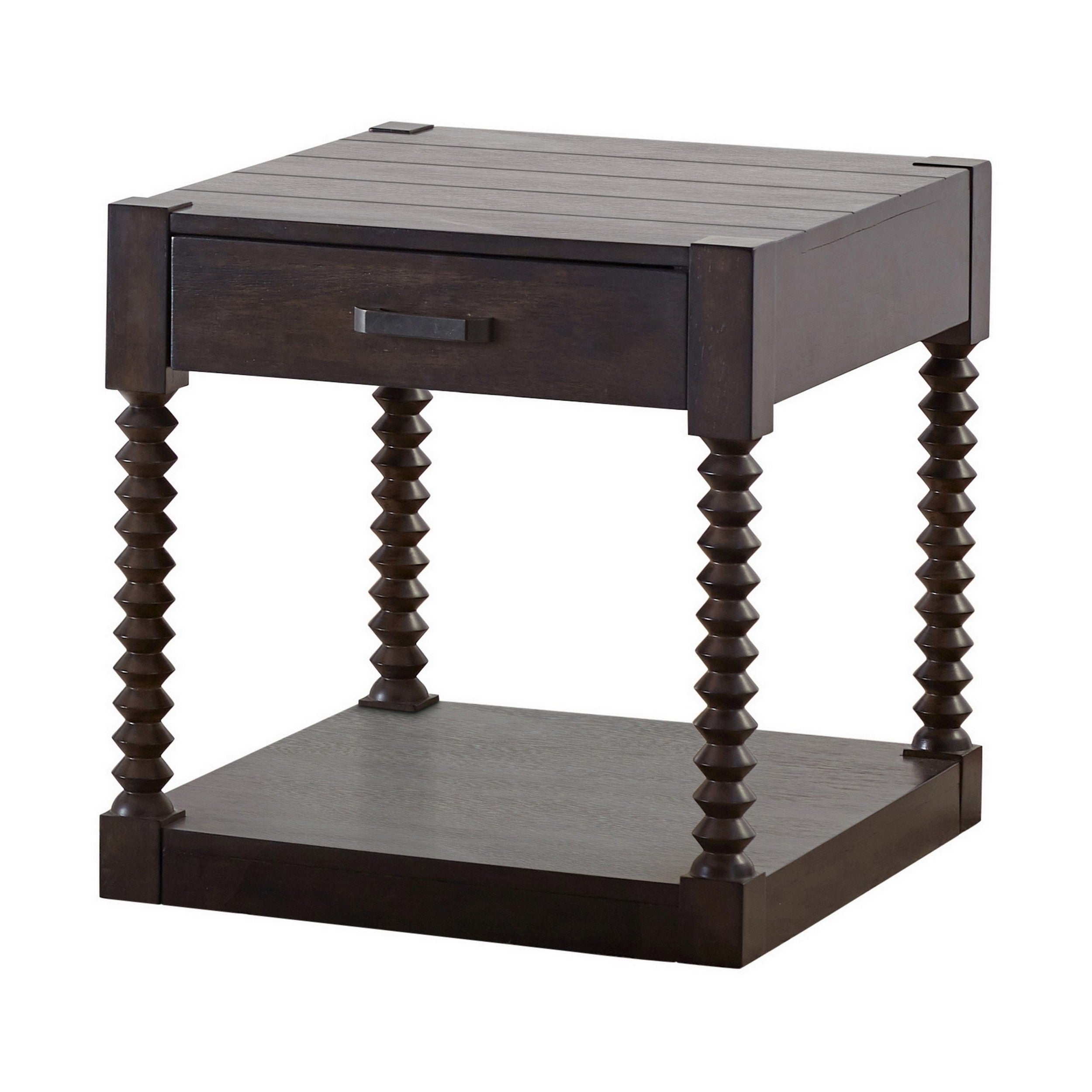 26 Inch Square Side End Table， 1 Drawer， Spindle Posts， Rich Coffee Brown - Mycitystee