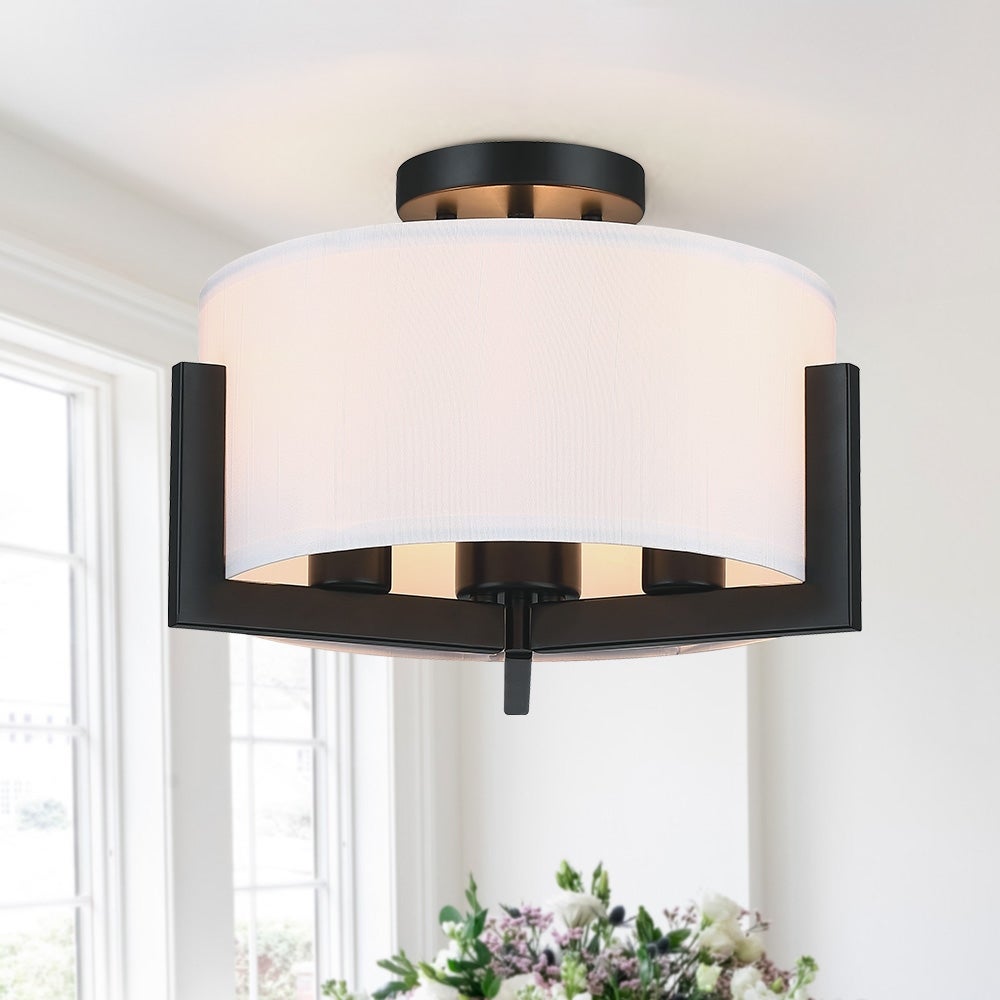 14 in. 3-Light Matte Black Semi-Flush Mount Ceiling Light with Drum Shade - 14