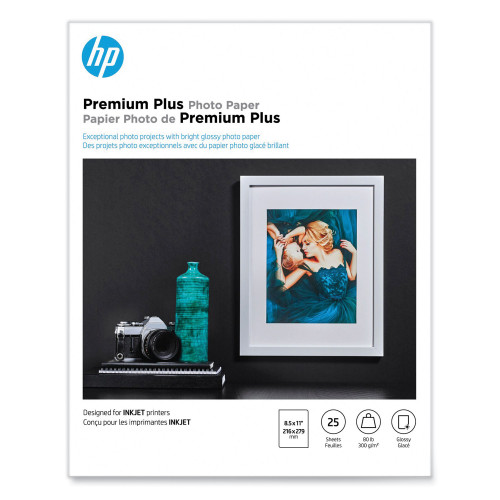 HP Premium Plus Photo Paper， 11.5 mil， 8.5 x 11， Glossy White， 25/Pack (CR670A) - Mycitystee