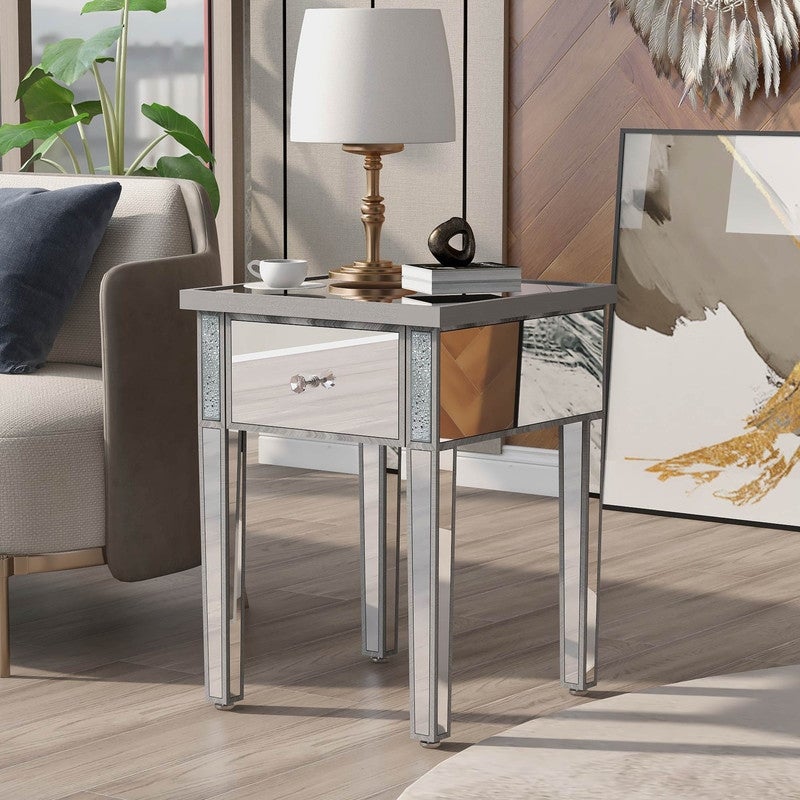 Modern Glass Mirrored End Table with Drawer， Corner Table with Crystal Handles and Adjustable Height Legs - Mycitystee
