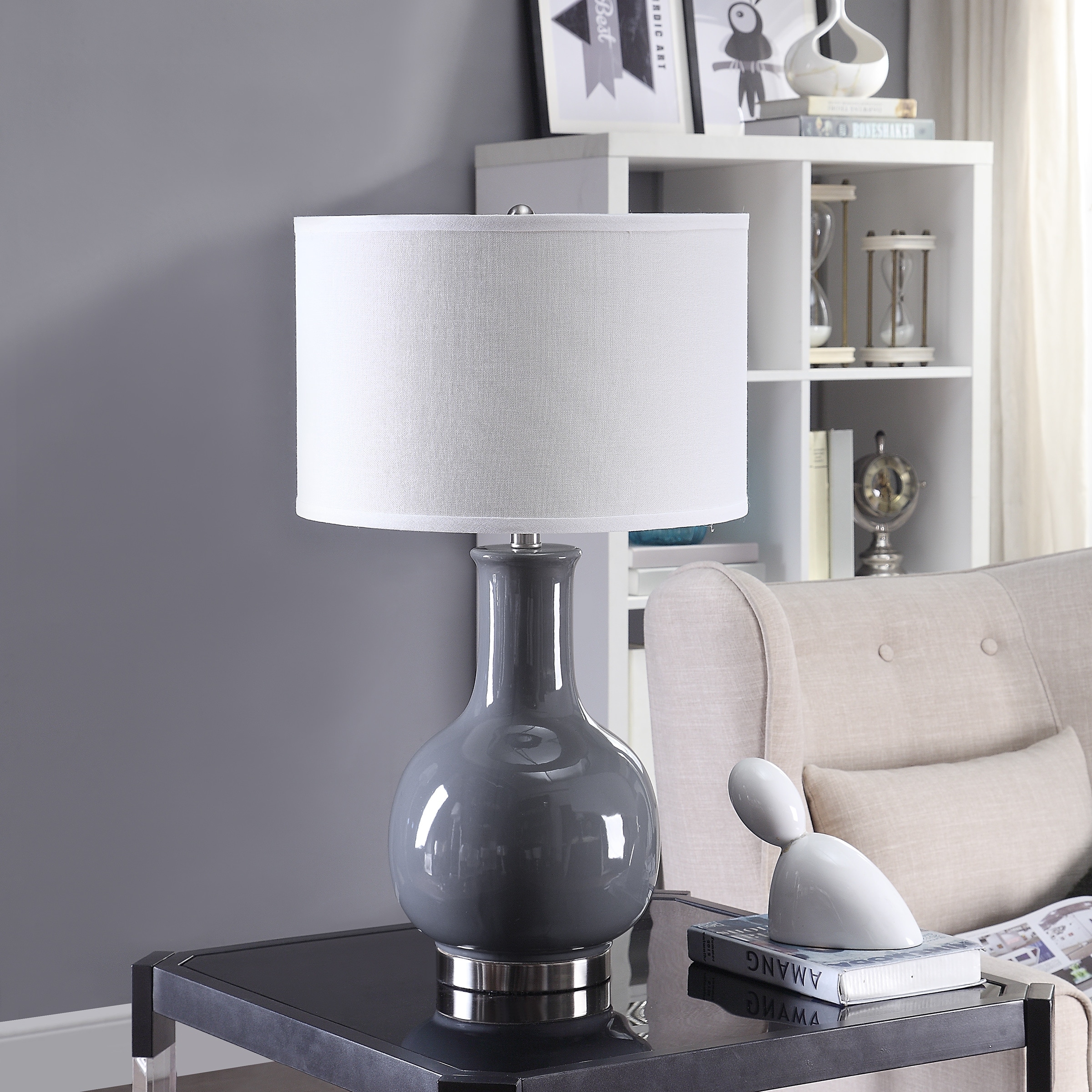 26.5-inch Ceramic and Stainless Steel Drum Table Lamp - Mycitystee