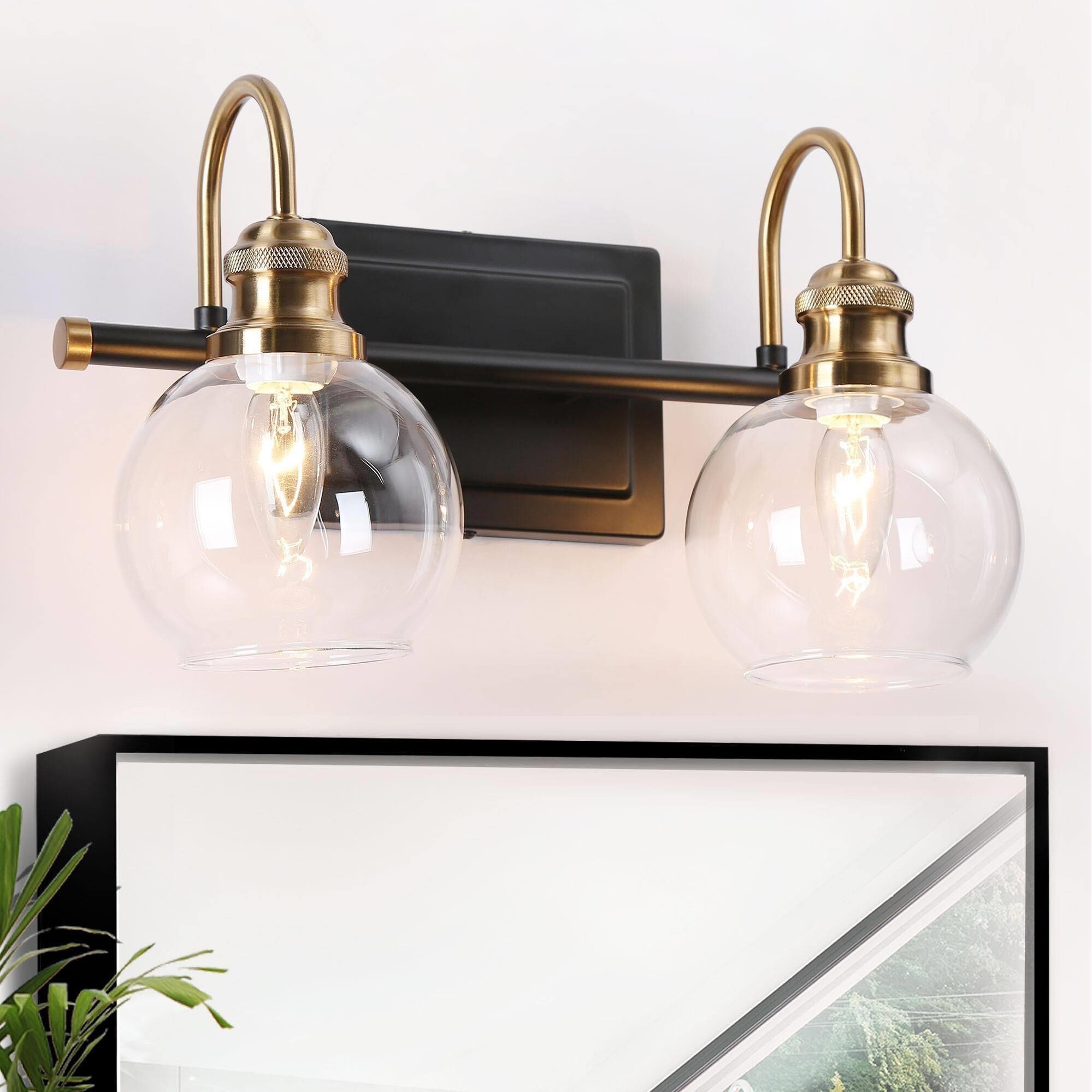 Mid-Century Modern Black Gold 2-Light Bathroom Vanity Light Globe Glass Wall Sconces - Mycitystee