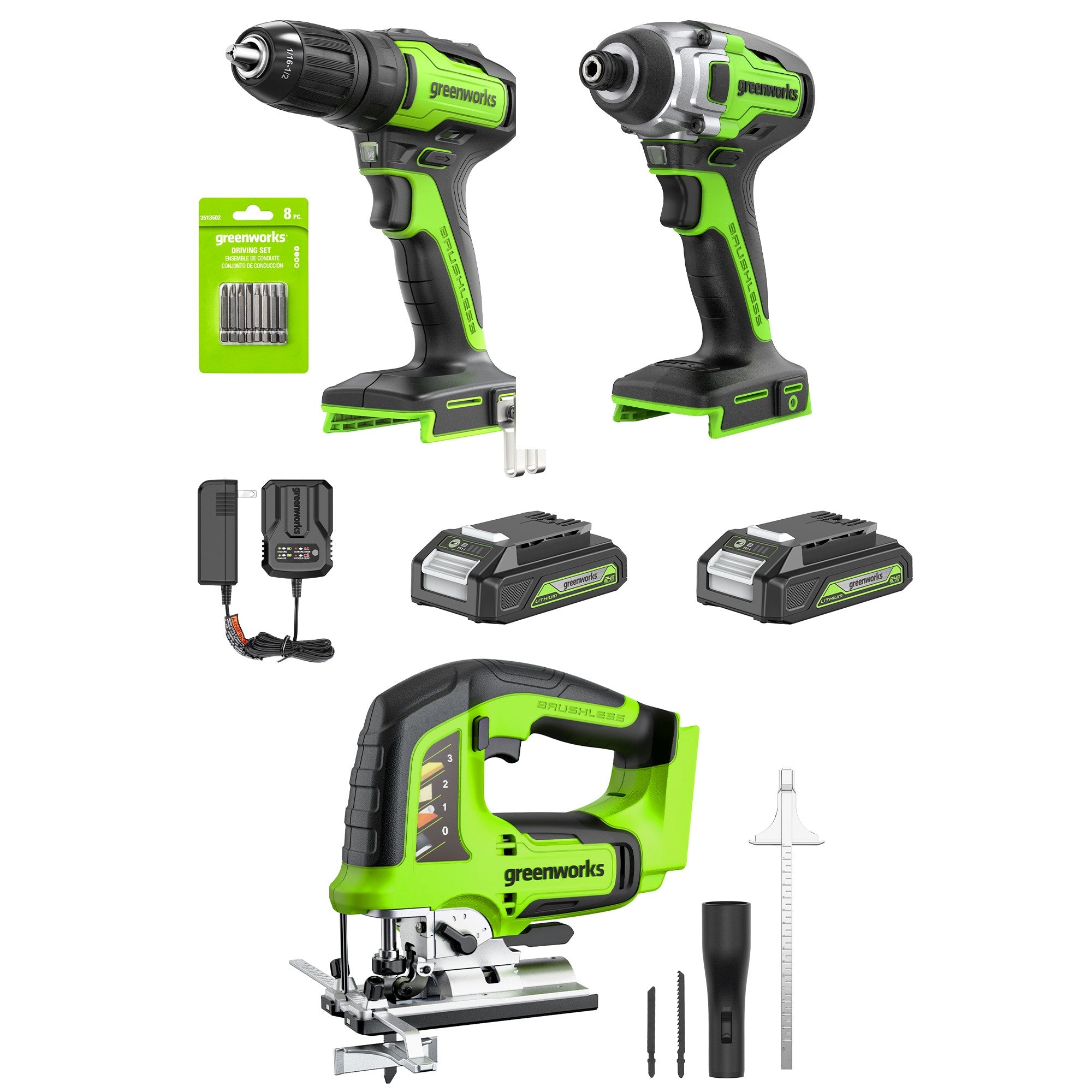 24V Brushless Drill， Impact Driver  Jig Saw Combo Kit  Tool Bag | Greenworks Tools - Mycitystee