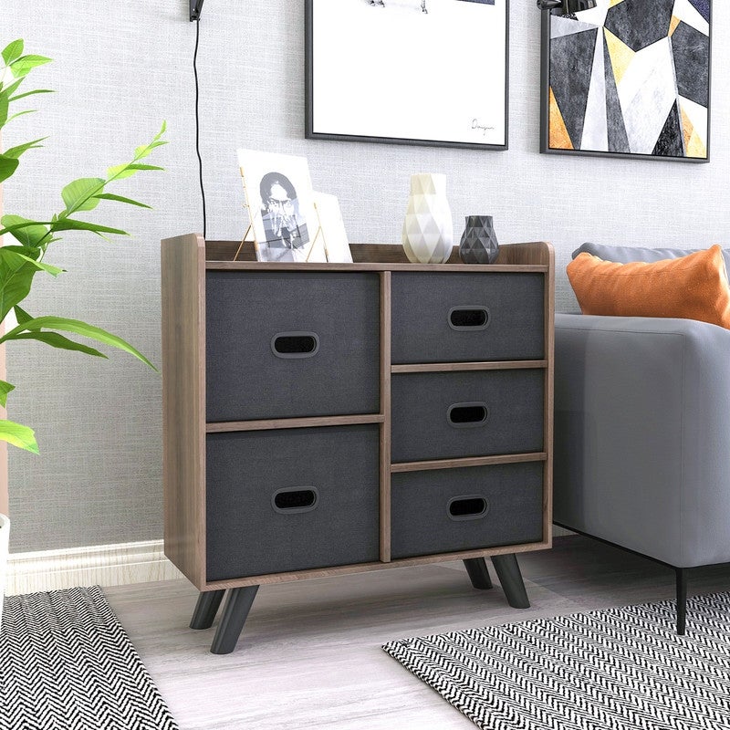 Dresser Organizer Cabinet with 5 Easy Pull Fabric Drawers， Sturdy MDF Frame and Wood Top Closet Storage - - 35649387 - Mycitystee