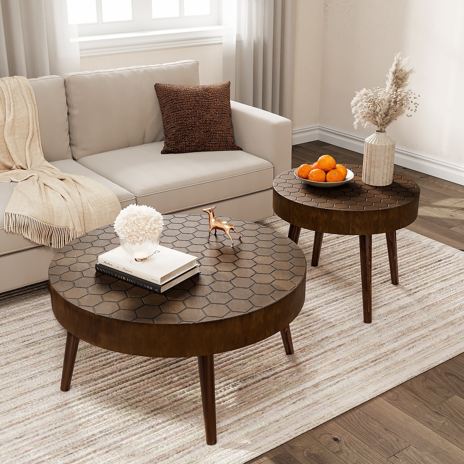 COSIEST Rustic Brown Solid Wood Round Coffee Table for Living Room， Set of 2 - Mycitystee