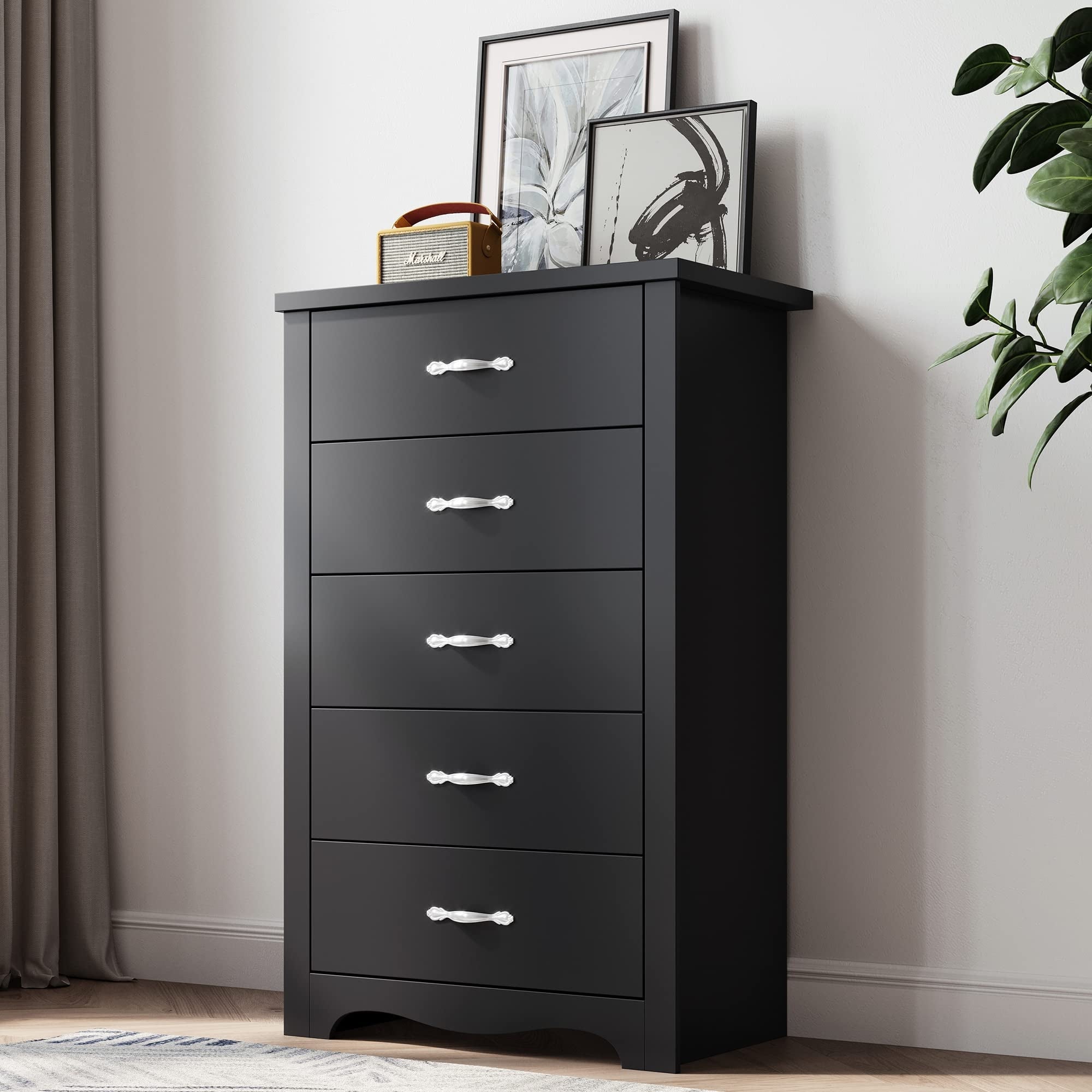5 Drawer Chest， Black Dresser for Bedroom， Dresser Organizer， Tall Dresser Wood Chest of Drawer for Nursery Kids Room - - 37668254 - Mycitystee