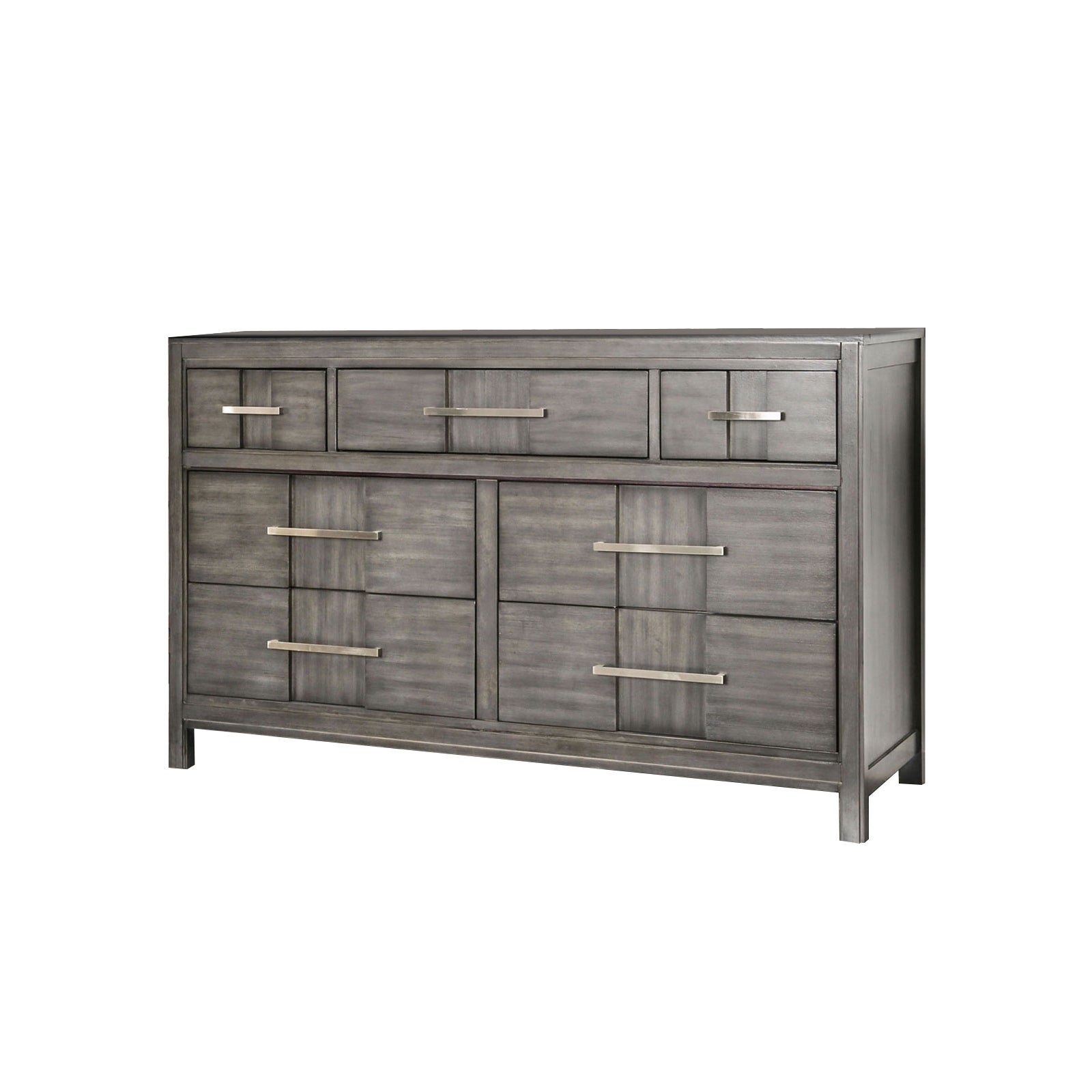 Wooden Dresser with 7 Drawers and Metal Pull， Gray and Silver - - 29800479 - Mycitystee