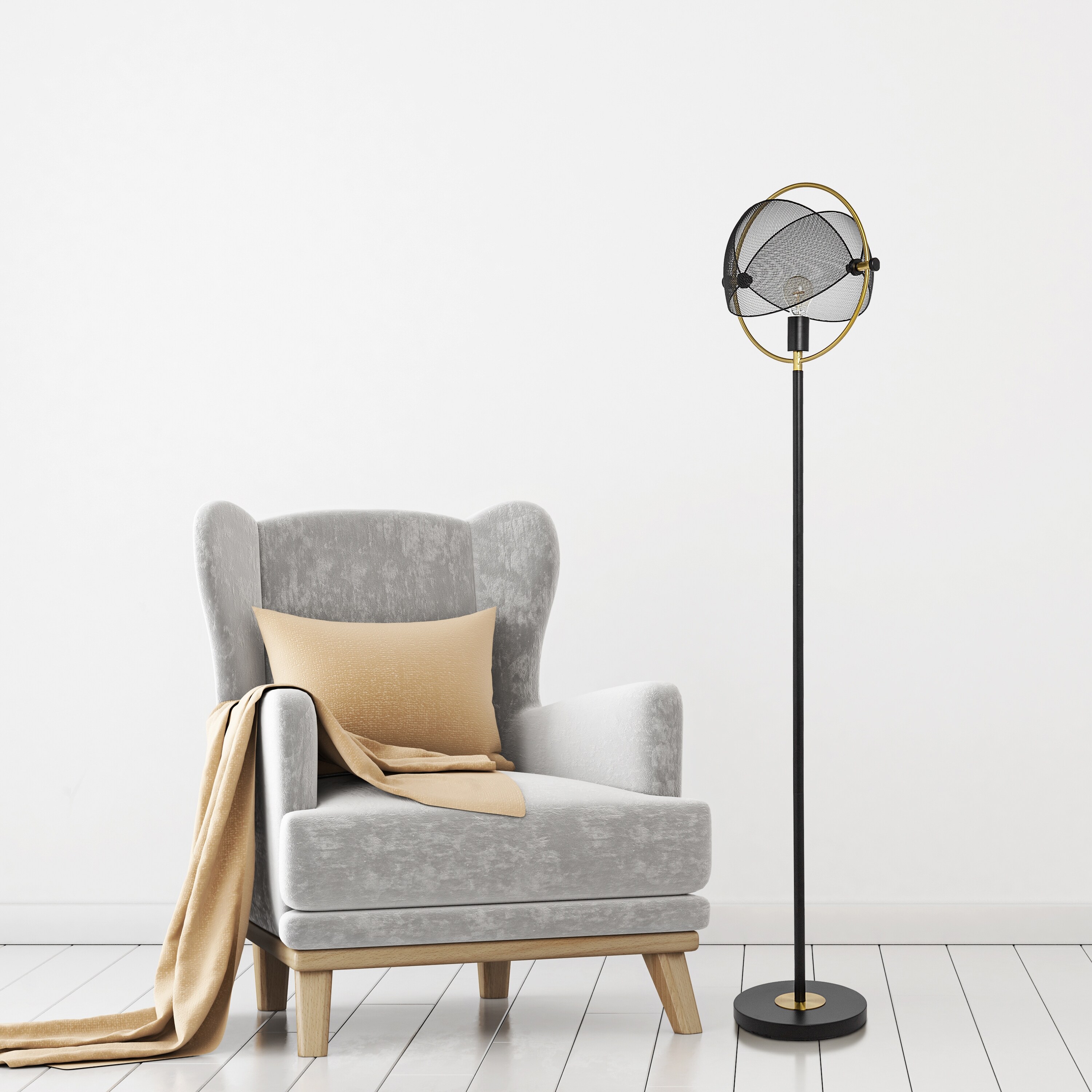 Houston River of Goods Black and Gold Metal Mesh Globe Shade 63.25-Inch Floor Lamp - 14.625
