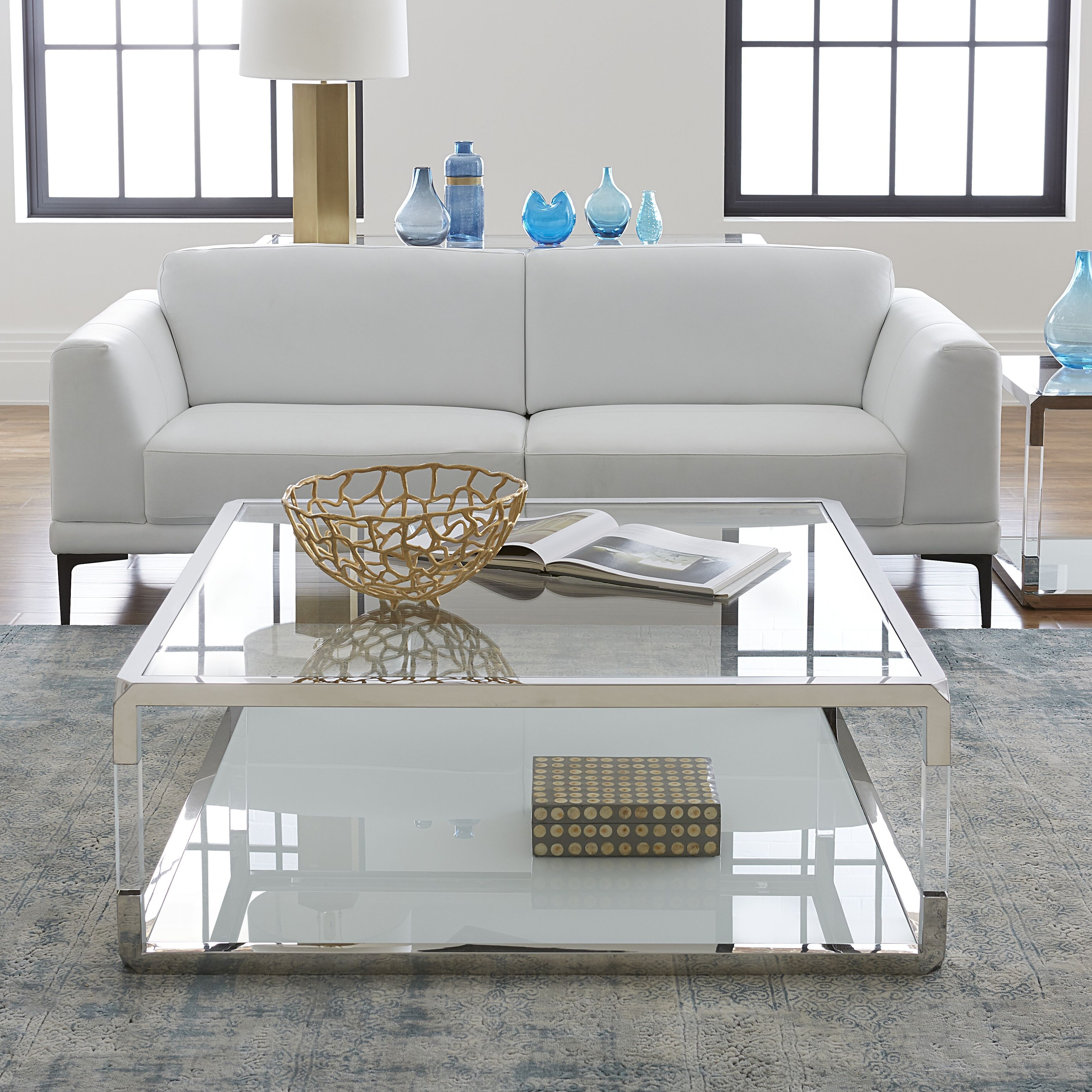 Jasper Square Coffee Table in White Glass and Polished Stainless Steel - Mycitystee