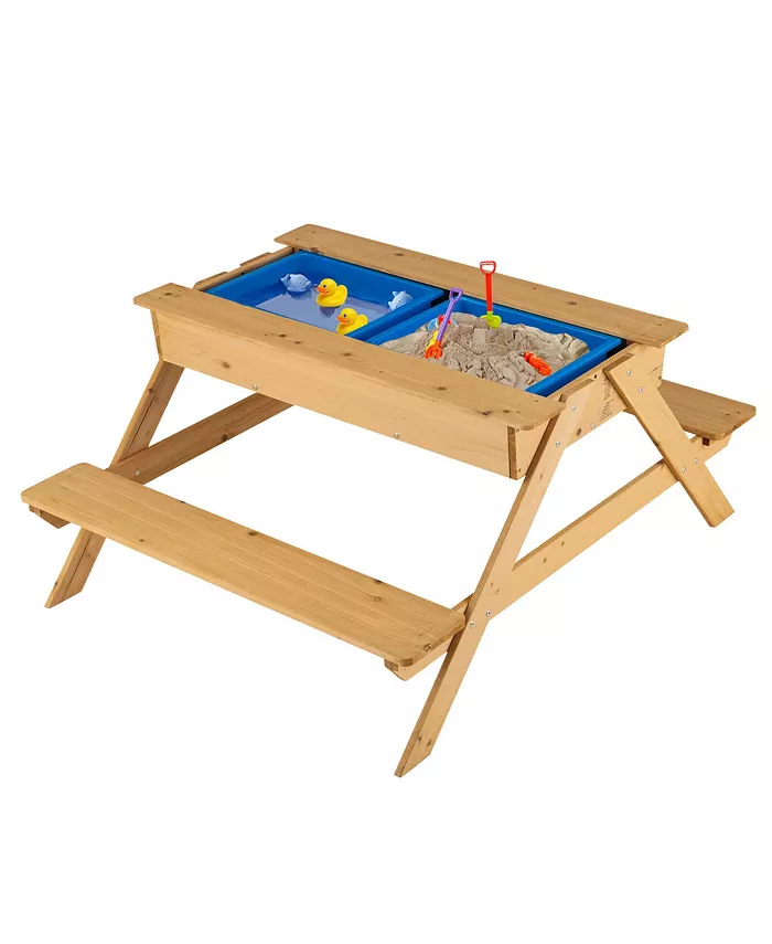Costway 3 in 1 Kids Picnic Table Wooden Outdoor Water Sand Table w  Play Boxes - Mycitystee