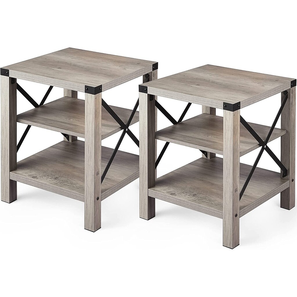 Rustic End Table Set of 2， Farmhouse Accent Cocktail Table Storage Shelf， Industrial Wood Look Tea Table - Mycitystee