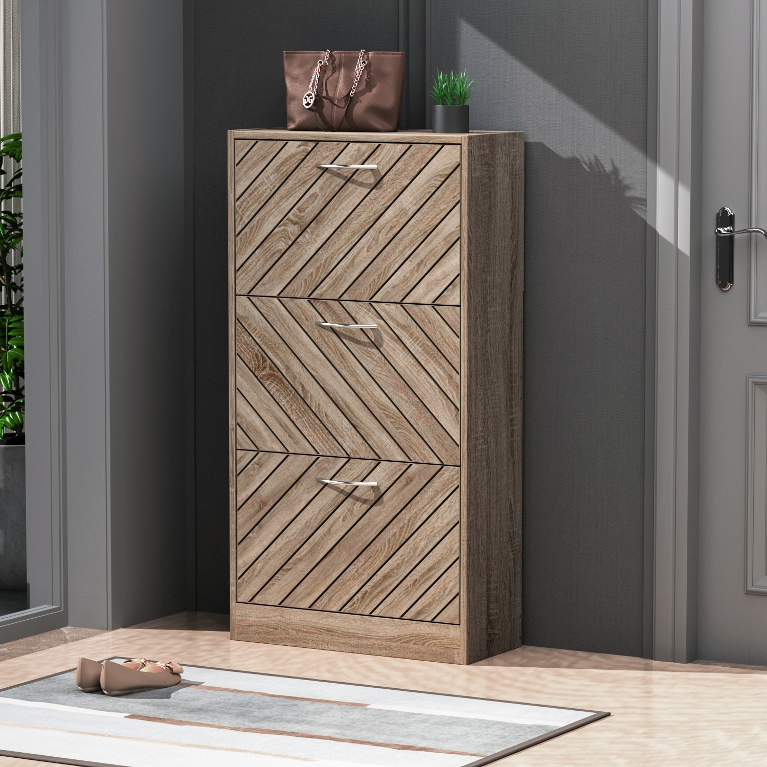 FAMAPY 12 Pair Shoe Storage Cabinet with 2 Drawers， Wood Color - - 35372770 - Mycitystee