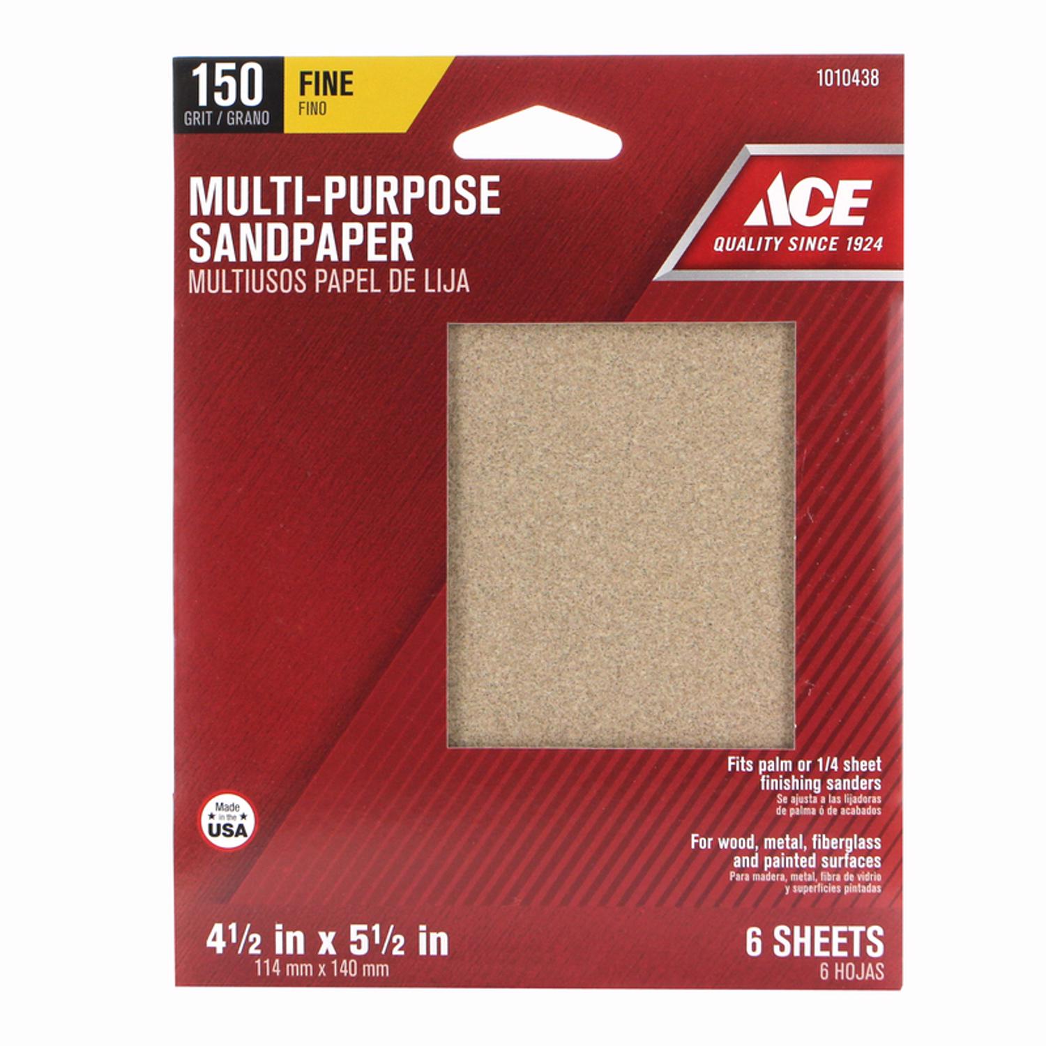 Ace 5-1/2 in. L X 4-1/2 in. W 150 Grit Aluminum Oxide 1/4 Sheet Sandpaper 6 pk - Mycitystee