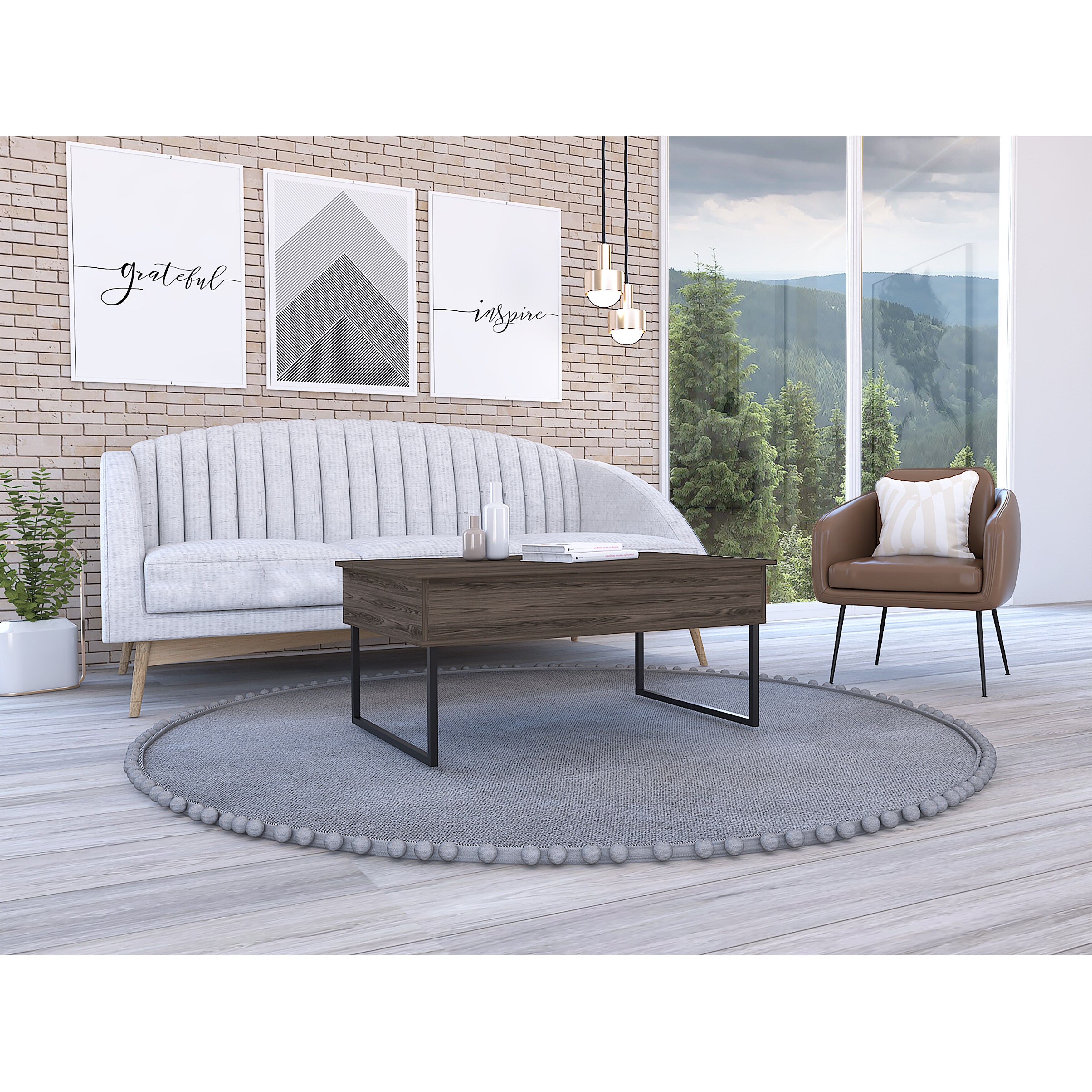 Indusrtial Style Lift Top Coffee Table，Two Legs -Dark Walnut for iving Room， Home， Office， Easy Assemble - Mycitystee