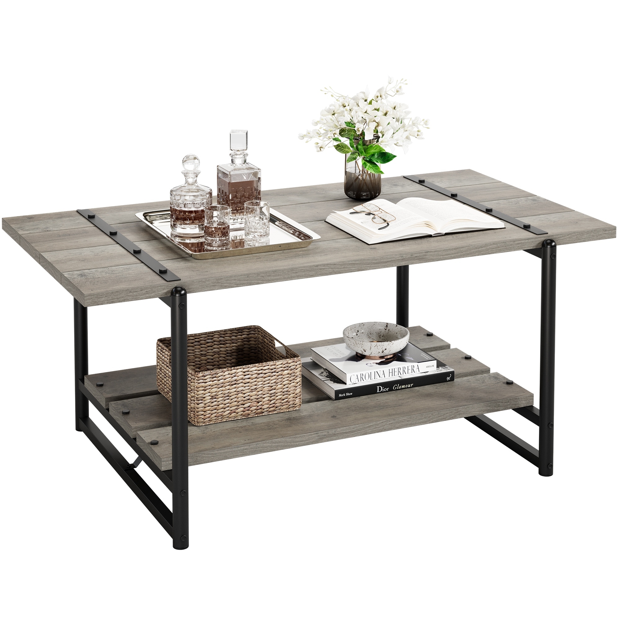 Farmhouse Coffee Table， Rustic Coffee Table， Industrial Living Room Central Table 2-Tier Large Open Wood Shelf - Mycitystee
