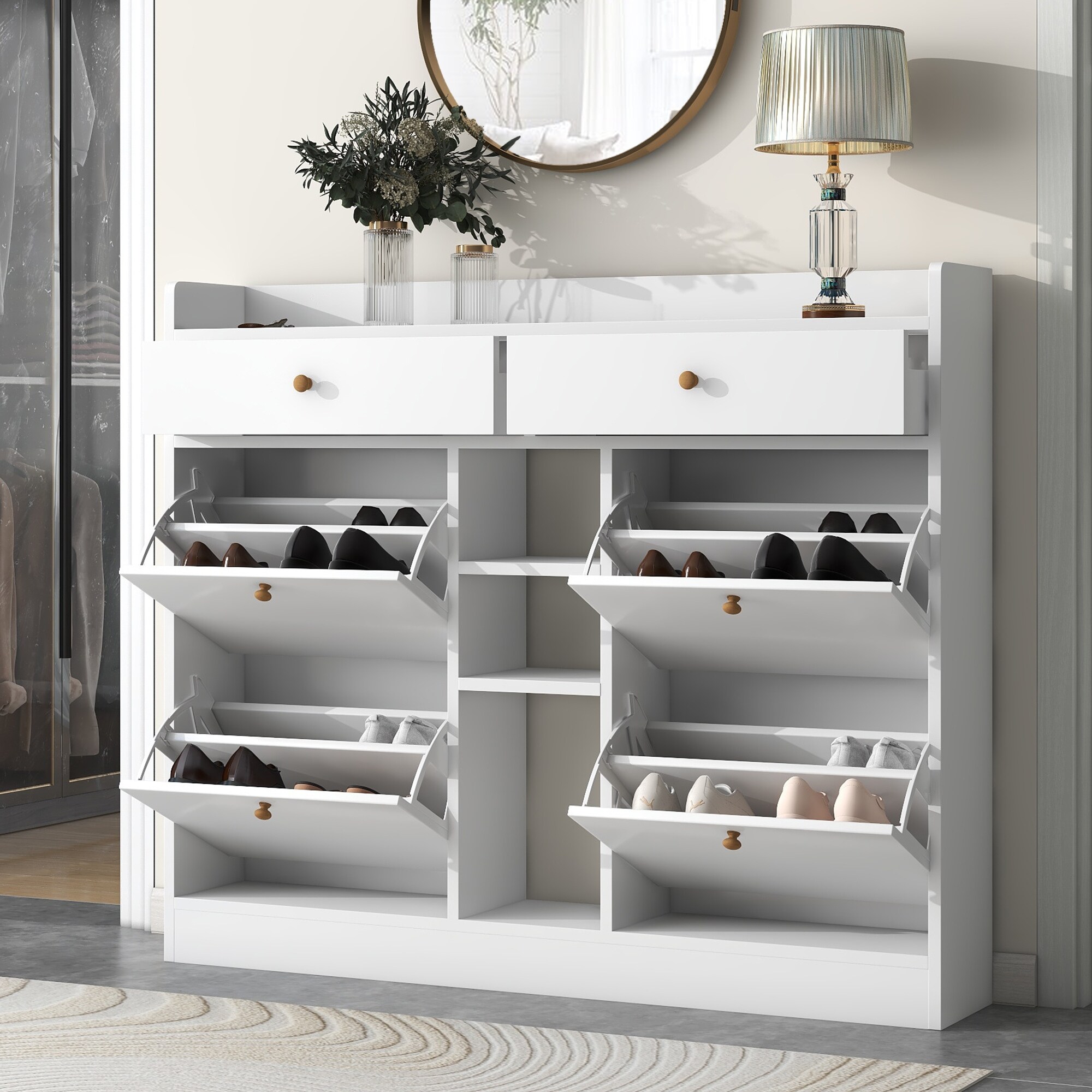 Modern Shoe Cabinet with 4 Flip Drawers， Multifunctional 2-Tier Free Standing Shoe Rack with 2 Drawers， for Entrance Hallway - - 37534625 - Mycitystee