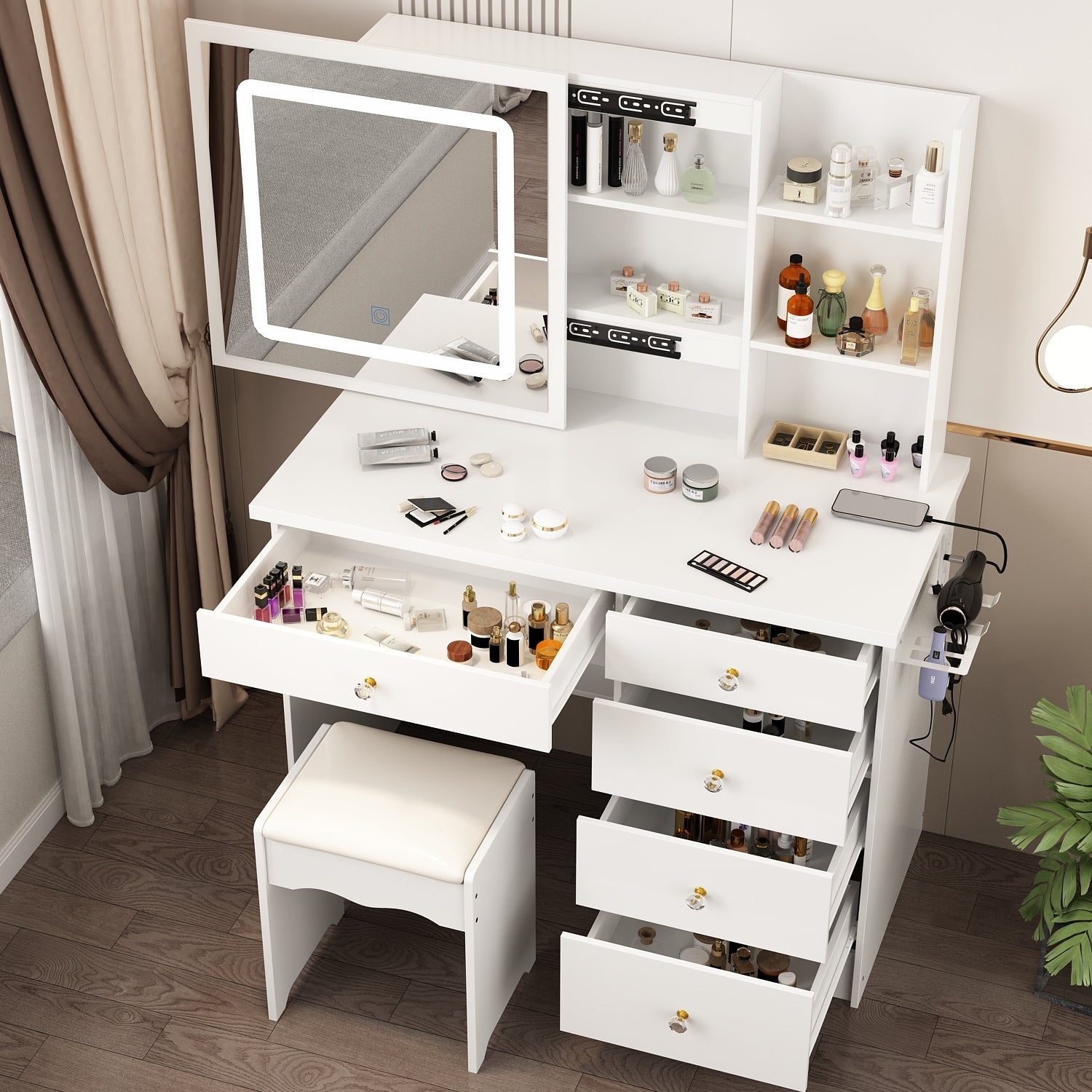Upgrate Vanity Desk w/Mirror and Lights，Makeup Vanity w/Bracket Outlet - - 37827907 - Mycitystee