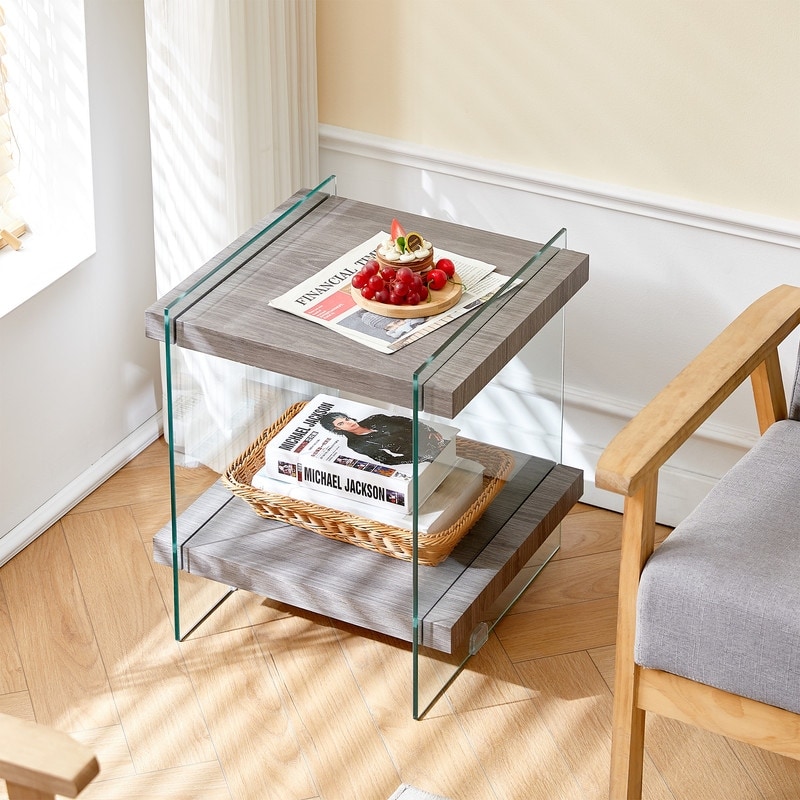 Modern nightstand end table with Sleek and Sturdy Tempered Glass Leg - Mycitystee
