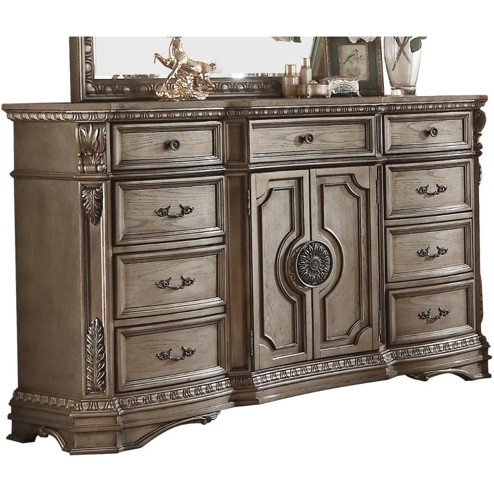 Marble Top Dresser with Nine Drawers and Two Door Shelf， Antique Champagne - - 25687789 - Mycitystee