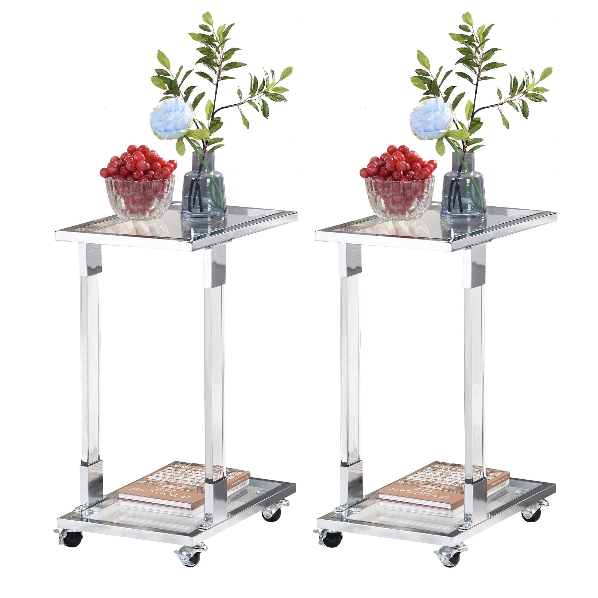 End Table Set of 2， C Shaped Chrome Side Tables with Wheels Silver Acrylic Table Couch C Table Slide - as picture - Mycitystee