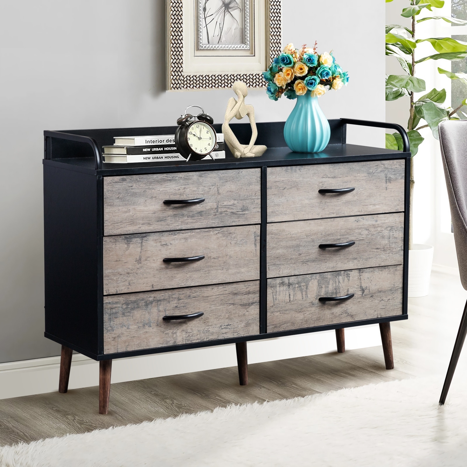 (Preferred Choice Furniture) Drawer Dresser 6 Drawers Storage Dresser with Fabric Foldable Drawers; Gray and Black - - 37777001 - Mycitystee