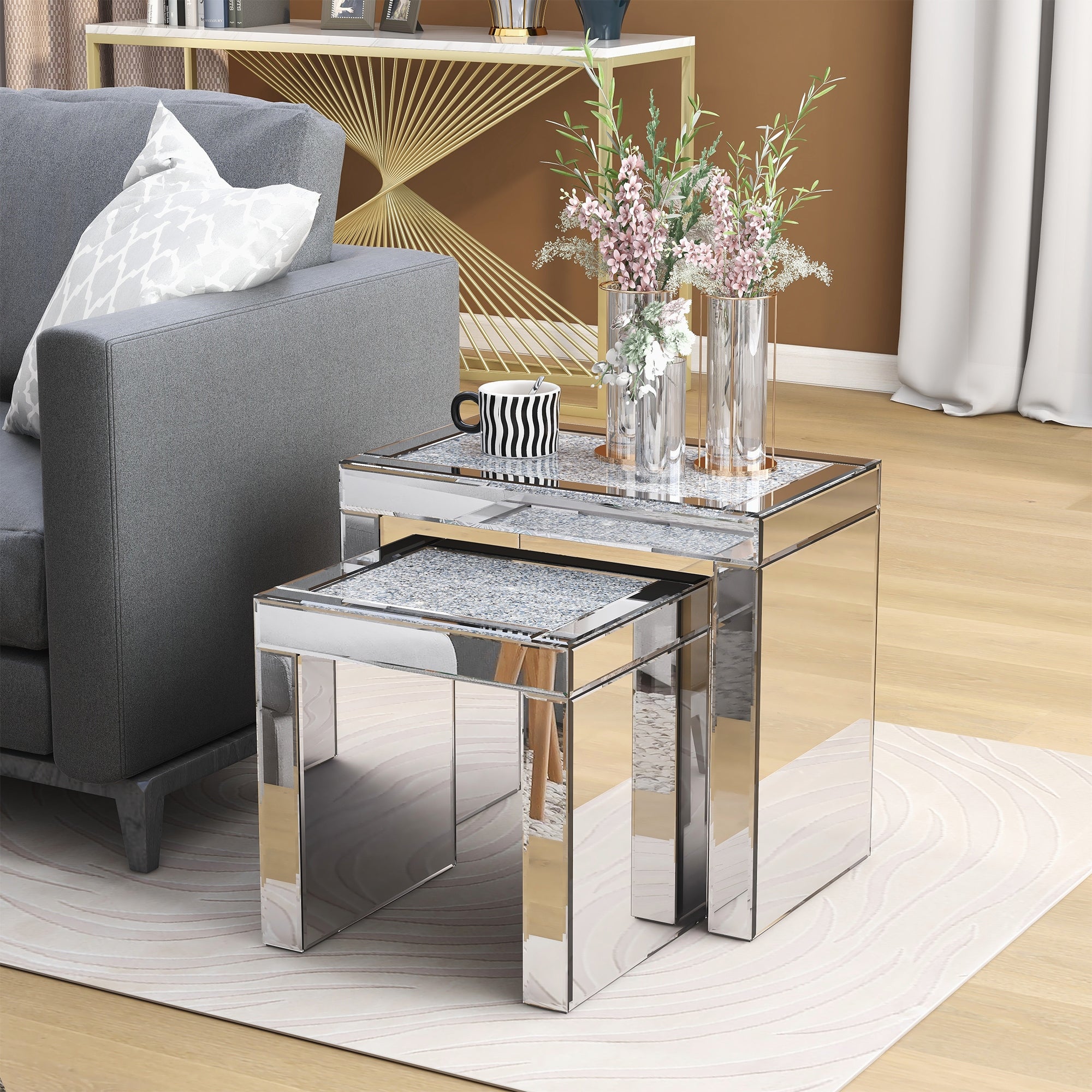 2pcs Mirrored Separated End Table Set Modern Side Table - Mycitystee
