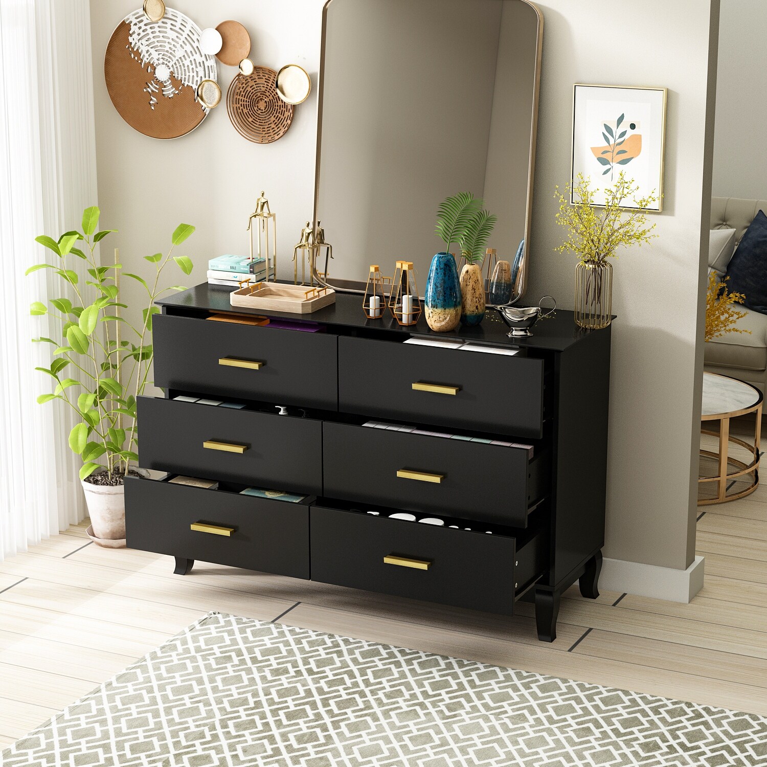 6 Drawer 47.2'' W Double Dresser Black/White Lacquer Chest Storage - - 35978128 - Mycitystee