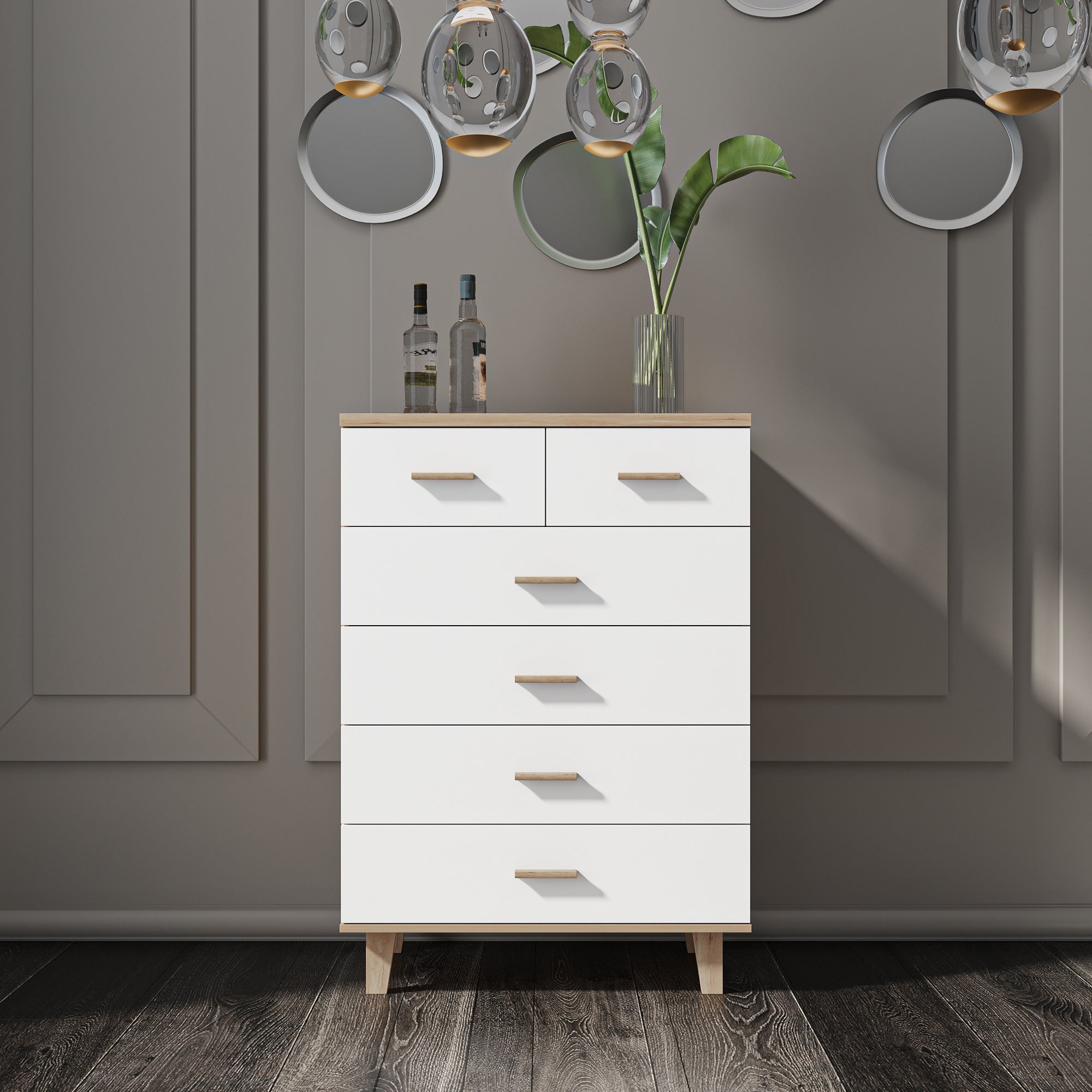 Storage Cabinet Dresser Chest Simple Bedroom Furniture Solid Wood Feet and Handles Fashionable Bedside Cabinet with 6 Drawers - - 37776967 - Mycitystee