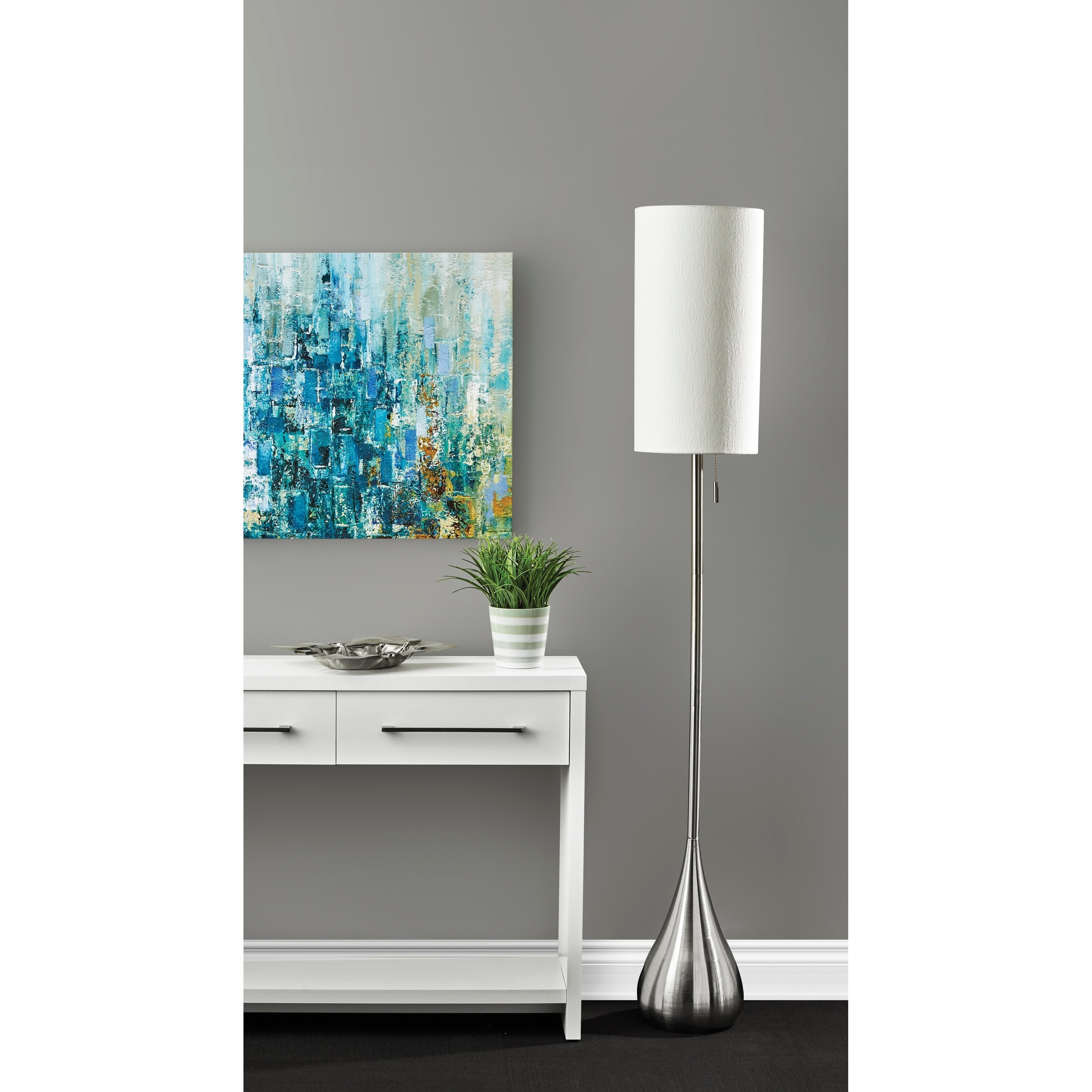 Porch and Den Atlanta Brushed Steel/ White Shade Teardrop Base Floor Lamp - Mycitystee