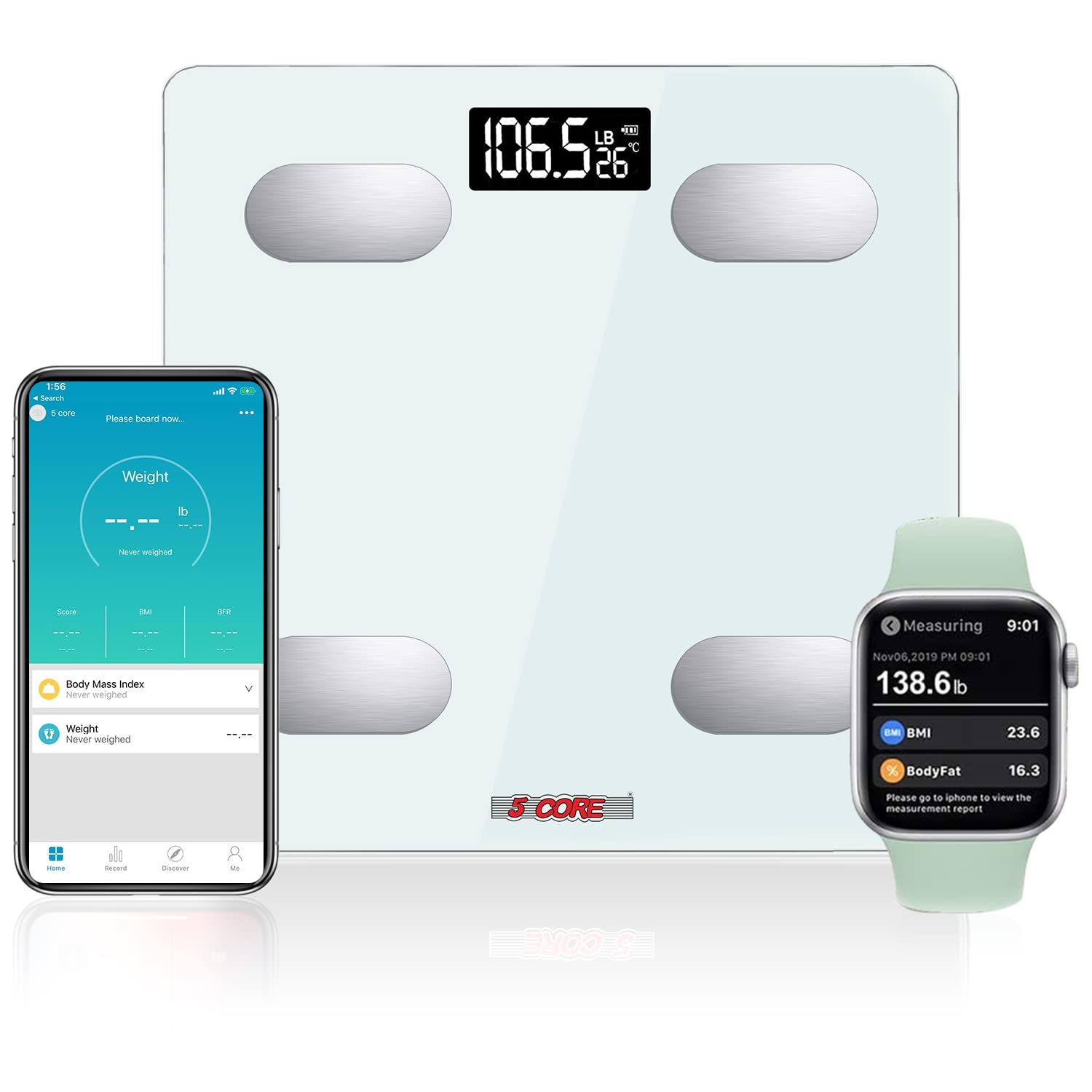 5 Core Smart Digital Bathroom Weighing Scale with Body Fat and Water Weight for People, Bluetooth BMI Electronic Body Analyzer Machine, 400 lbs. BBS H - Mycitystee