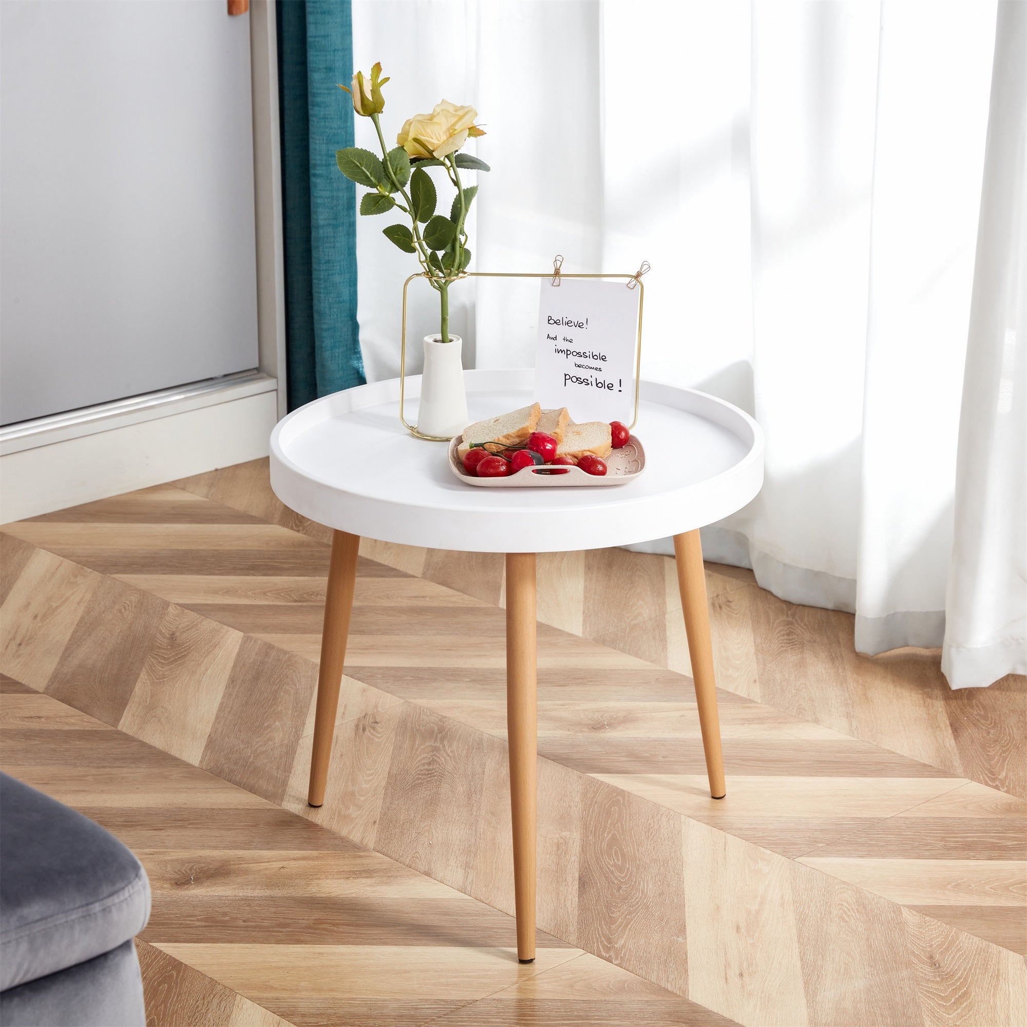 Modern Round Coffee Table with Beech Wood Legs - Mycitystee