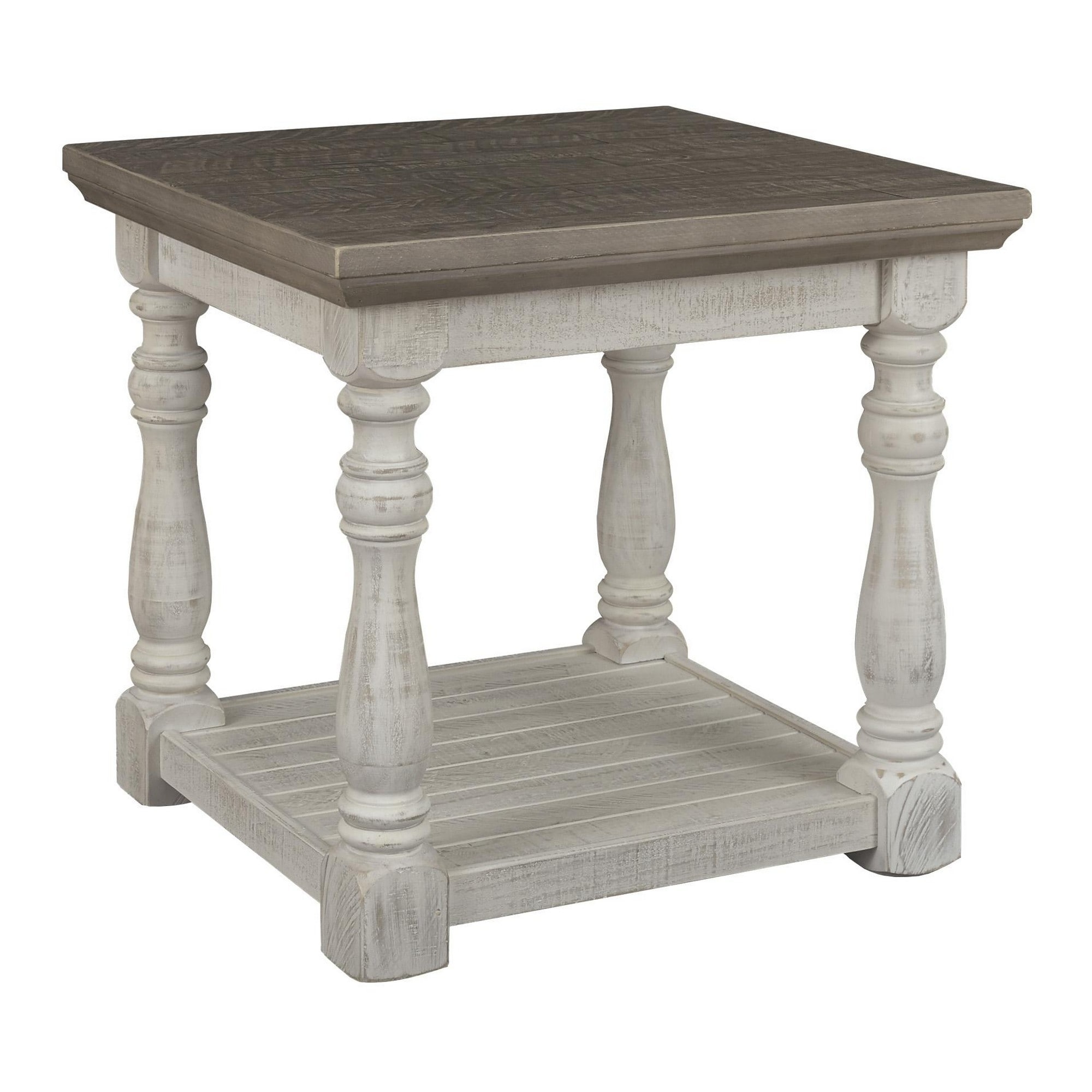 Plank Style End Table with Turned Legs and Open Shelf， White and Gray - Mycitystee