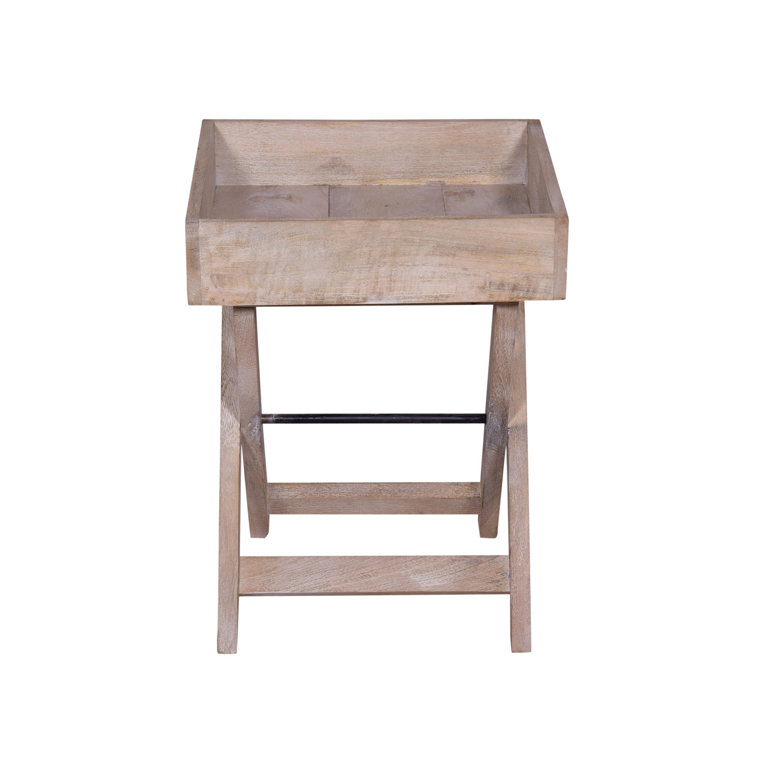 22 Inch Farmhouse Mango Wood Square Tray to p End Table， X Shape Foldable Frame - Mycitystee