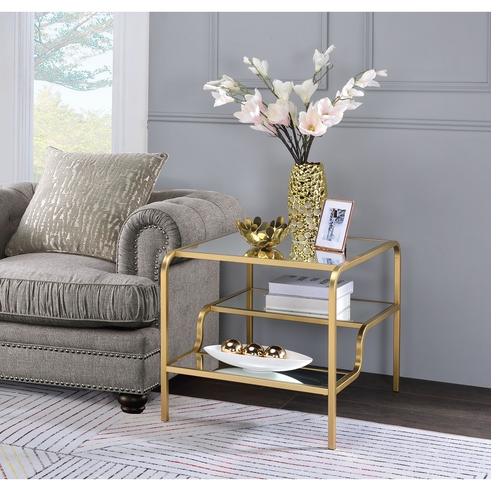 Astrid Square End Table with Shelf， Gold Finish - Mycitystee