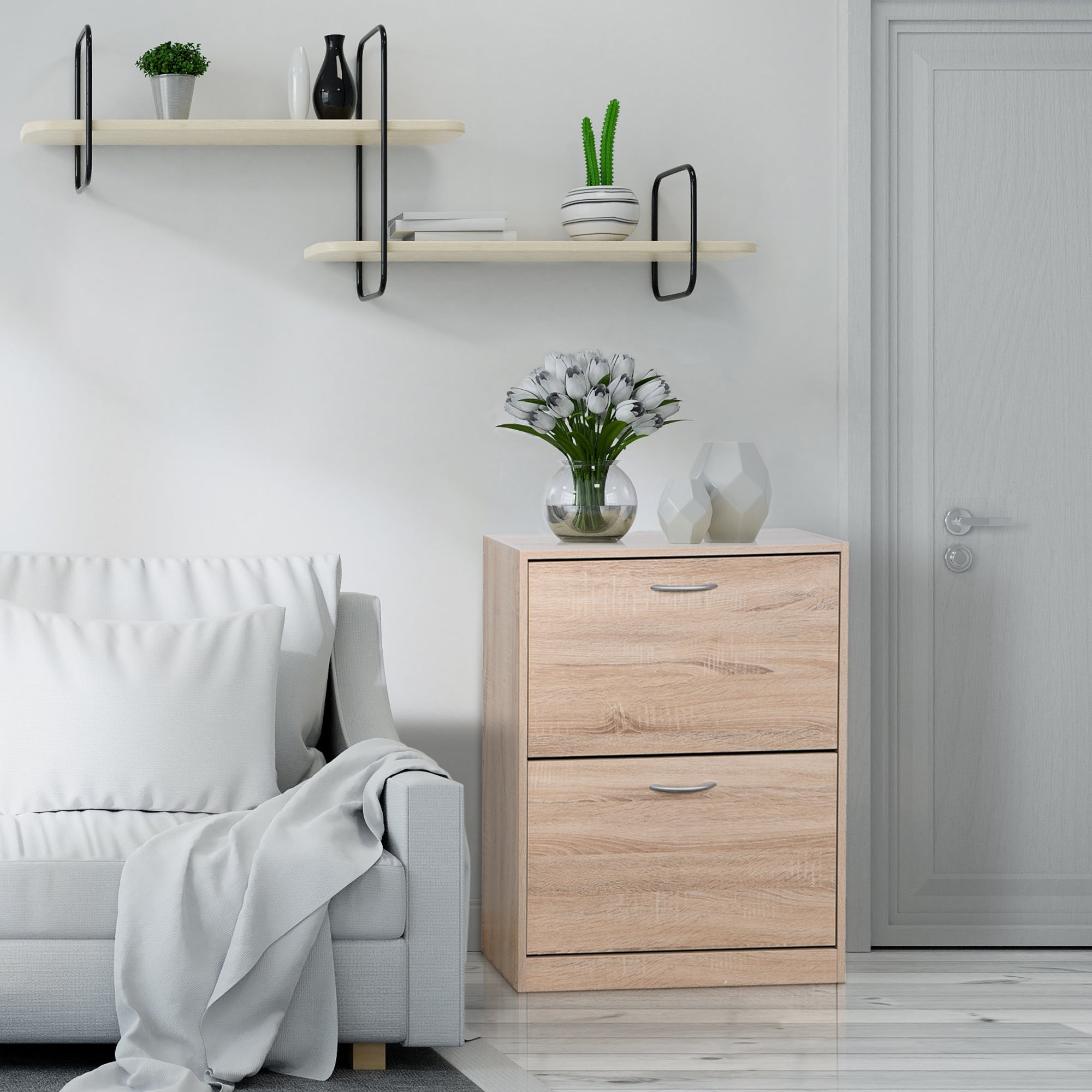 Wooden Shoe Cabinet for Entryway， White Shoe Storage Cabinet with 2 Flip Doors - - 36544135 - Mycitystee