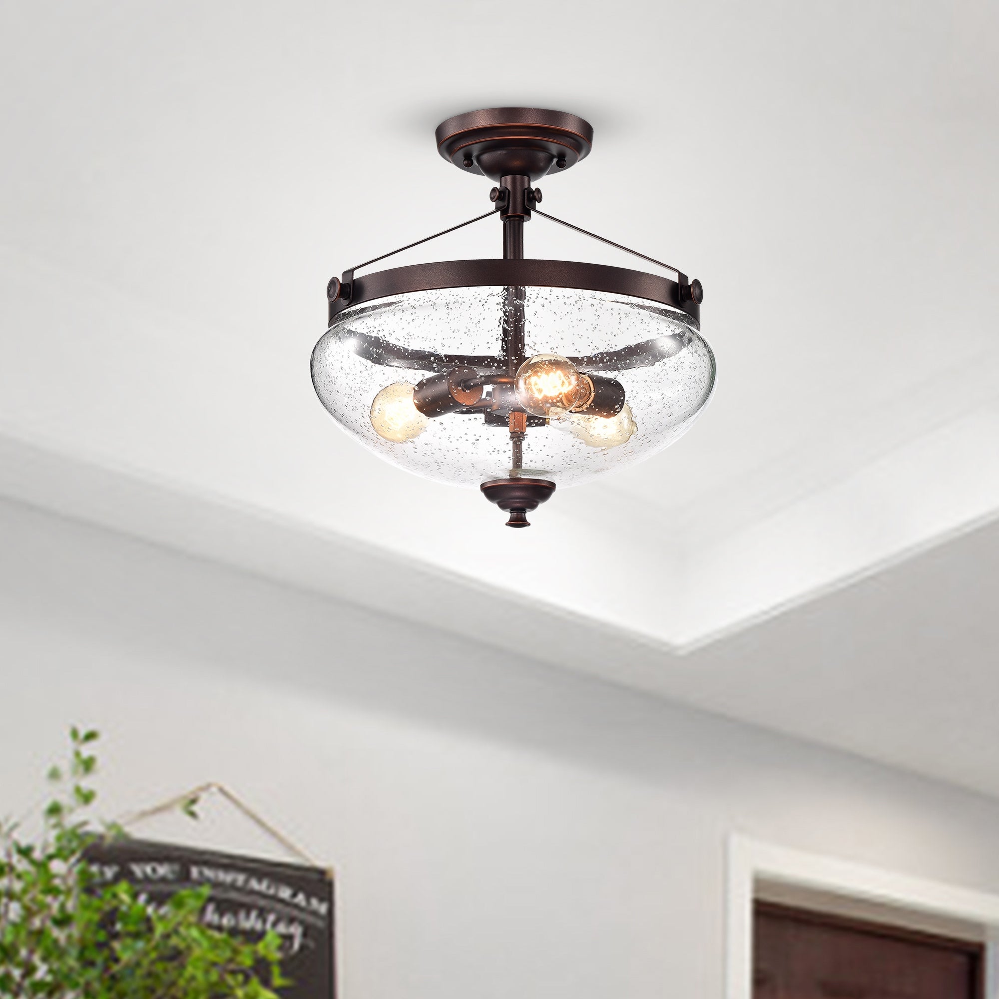 Oil Rubbed Bronze 3-Light Semi Flush Mount with Seeded Glass Shade - Oil Rubbed Bronze - Mycitystee