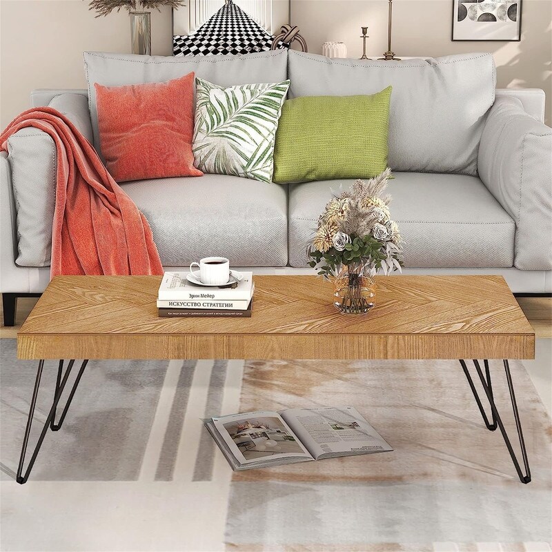 Natural wood coffee table 43.3-inch coffee table with chevron pattern and metal hairpin legs - Mycitystee