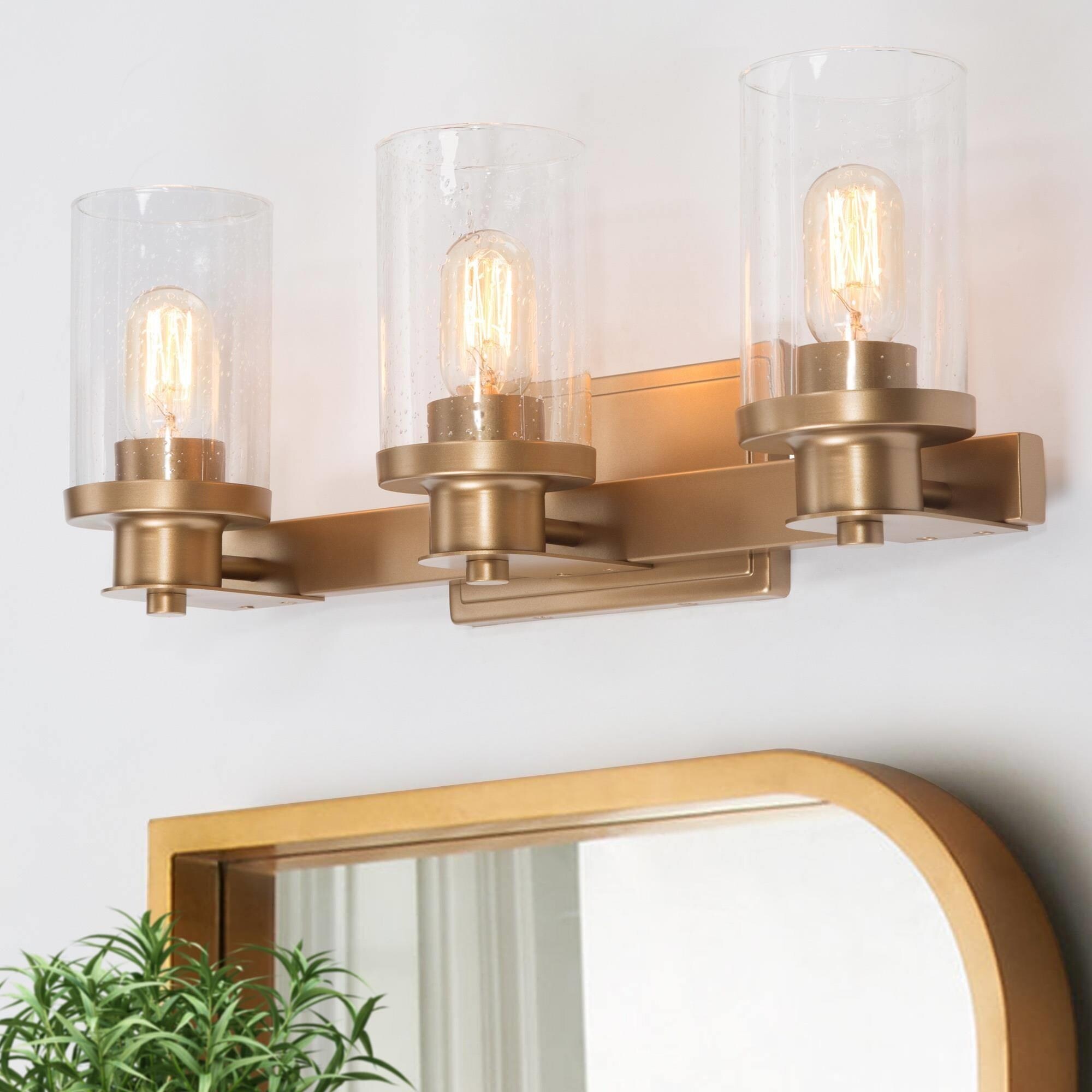 Mid-Century Modern Gold 3-Light Linear Seeded Glass Bathroom Vanity Lights - Mycitystee