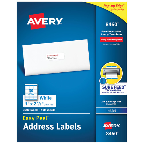 Avery Easy Peel White Address Labels w/ Sure Feed Technology， Inkjet Printers， 1 x 2.63， White， 30/Sheet， 100 Sheets/Box (8460) - Mycitystee