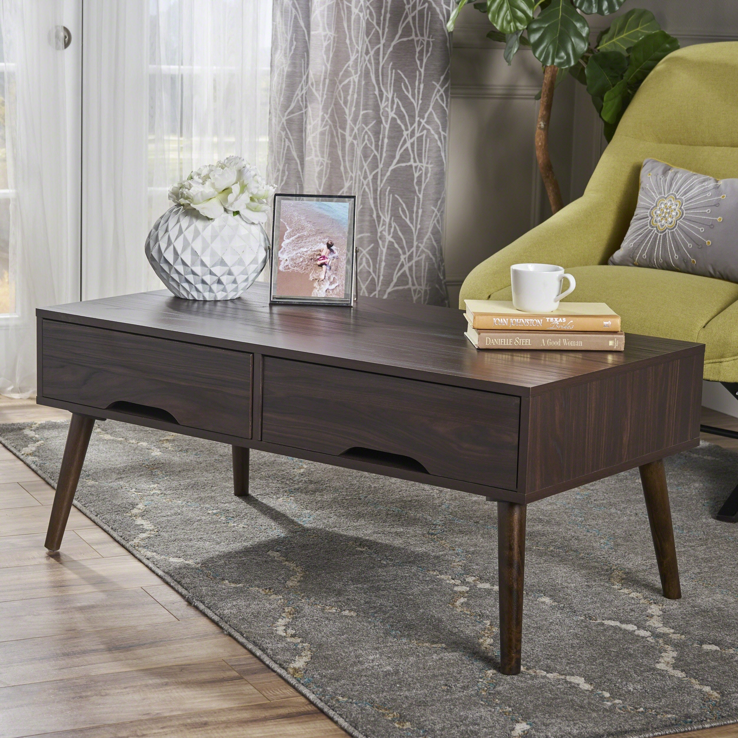 Noemi Mid Century Modern Rectangular Wood Coffee Table with Drawers by Christopher Knight Home - Mycitystee