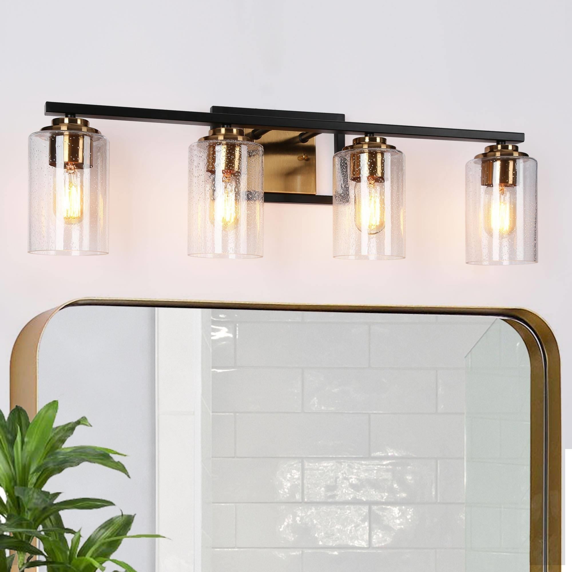 Black Gold 4-Light Modern Linear Bathroom Vanity Lights with Cylinder Glass - 28