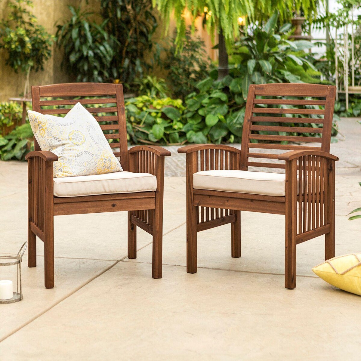 Ultimate Patio Horizon Way 2 Piece Dark Brown Acacia Patio Dining Arm Chair Set W/ Natural Cushions - Mycitystee