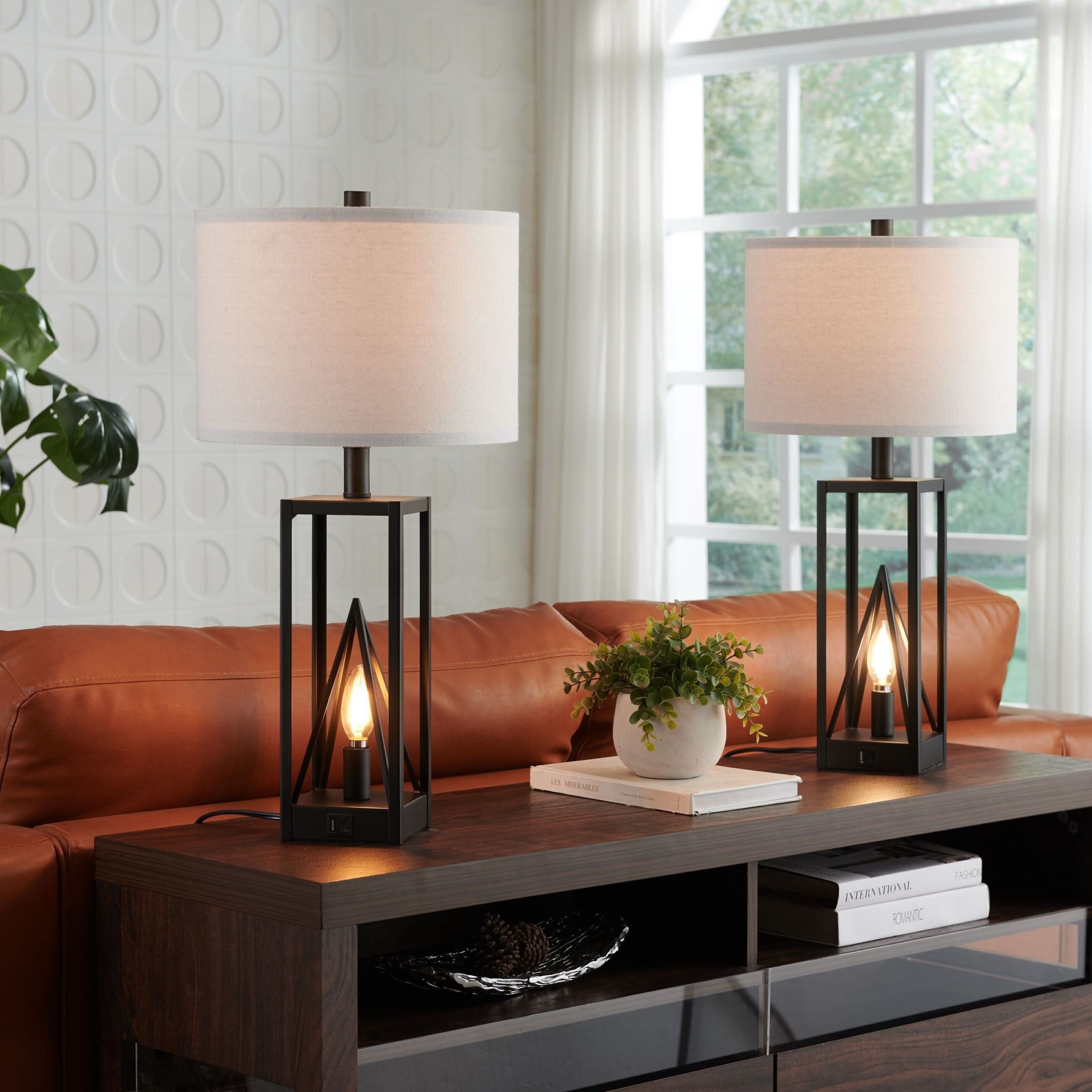 KAWOTI 23.5” Table Lamp Set With USB Port AC Outlet And Bulbs Included - W12
