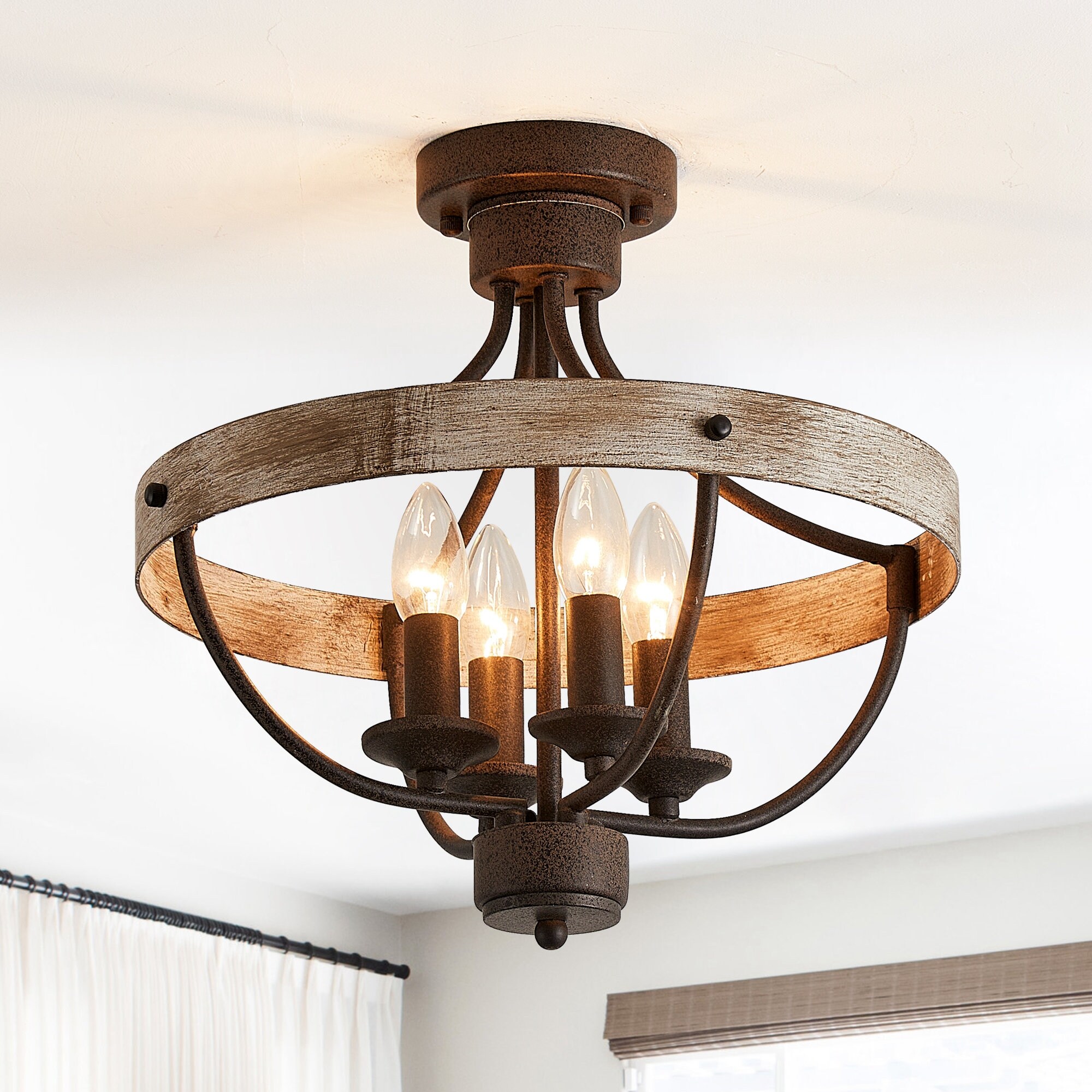 4-Light Brown and Vintage Wood Semi-Flush Mount Ceiling Light - 15.35 in. W x 15.35 in. D x 14.57 in. H - Mycitystee
